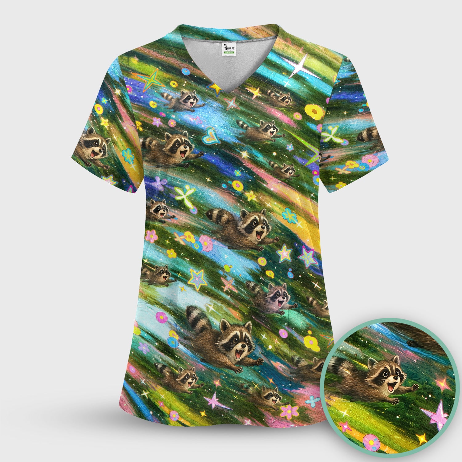 Cute Raccoon Rainbow Dash Pattern Scrub Top, Comfortable Scrubs for Nurses