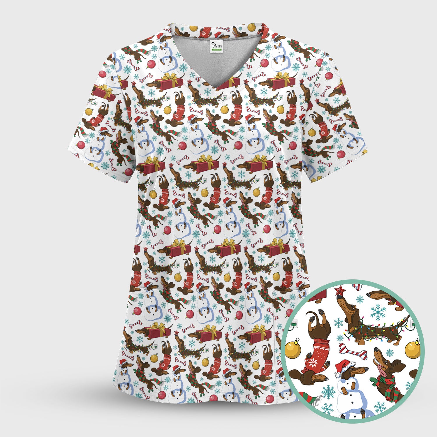 Funny Christmas Nurse Scrubs - Dachshund Dog & Snowman Print Top - Multi Color Custom Nursing Shirt Gift for Healthcare Workers