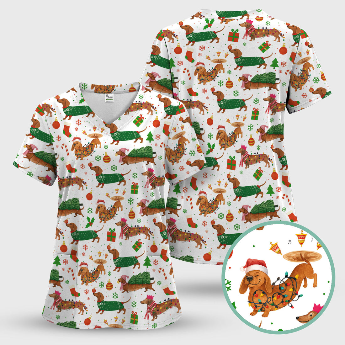 Christmas Dachshund Scrub Top - Funny Dog Scrub Shirt Multi Color - Holiday Medical Scrubs Gift for Nurse, CNA, RN, Doctor, Vet