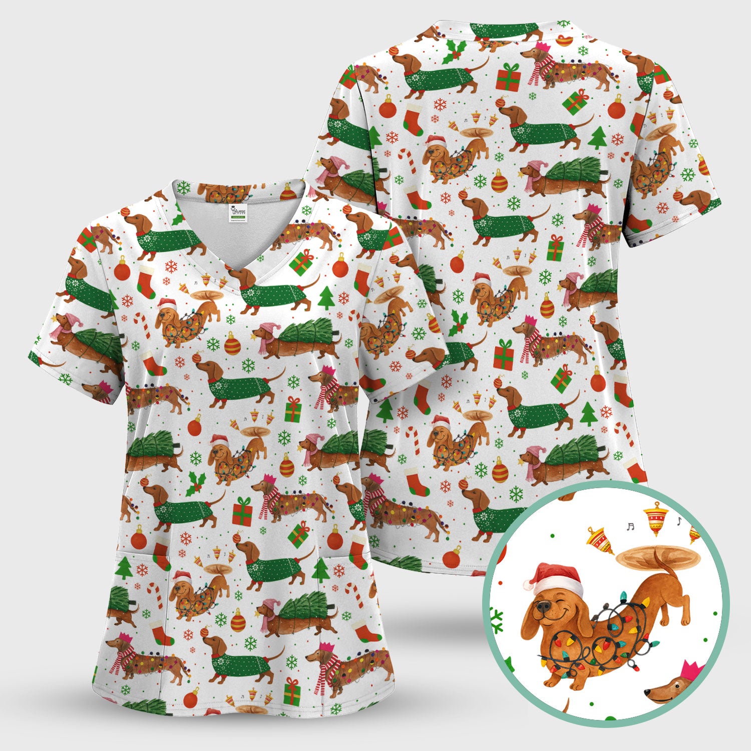 Christmas Dachshund Scrub Top - Funny Dog Scrub Shirt Multi Color - Holiday Medical Scrubs Gift for Nurse, CNA, RN, Doctor, Vet