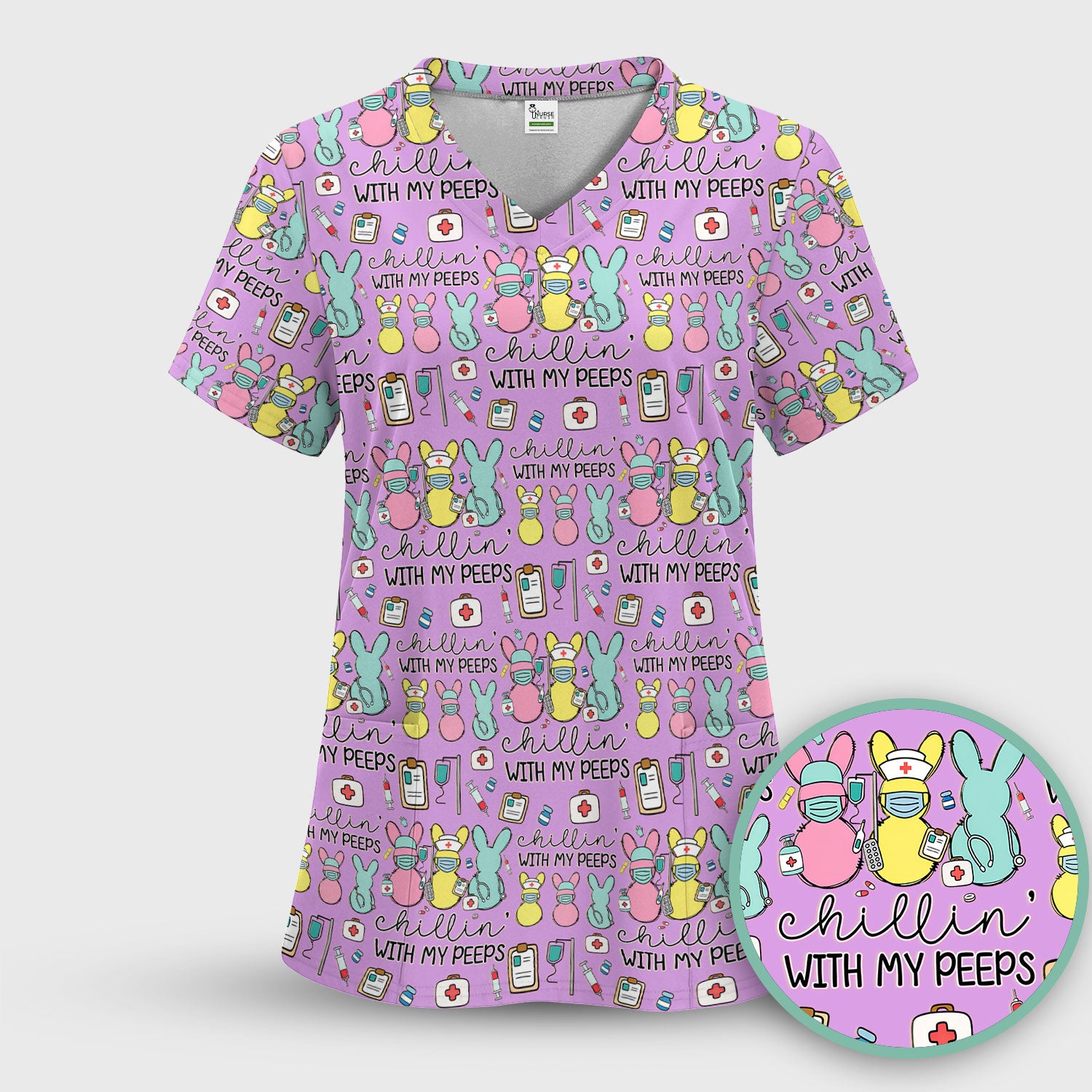 Cute Bunny Nurse Chillin With My Peeps Scrub Top, Comfortable Scrubs for Nurses, Easter