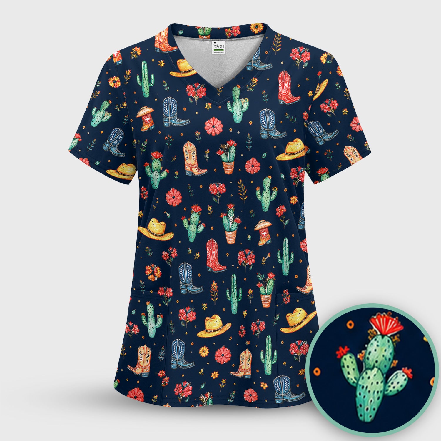 Whimsical Western Cactus Boots Pattern Scrub Top, Breathable Fabrics Nursing Uniform
