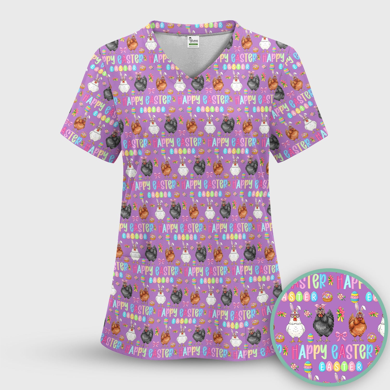 Happy Easter Bunny Eggs Pattern Scrubs Top, Comfortable Scrubs for Nurses