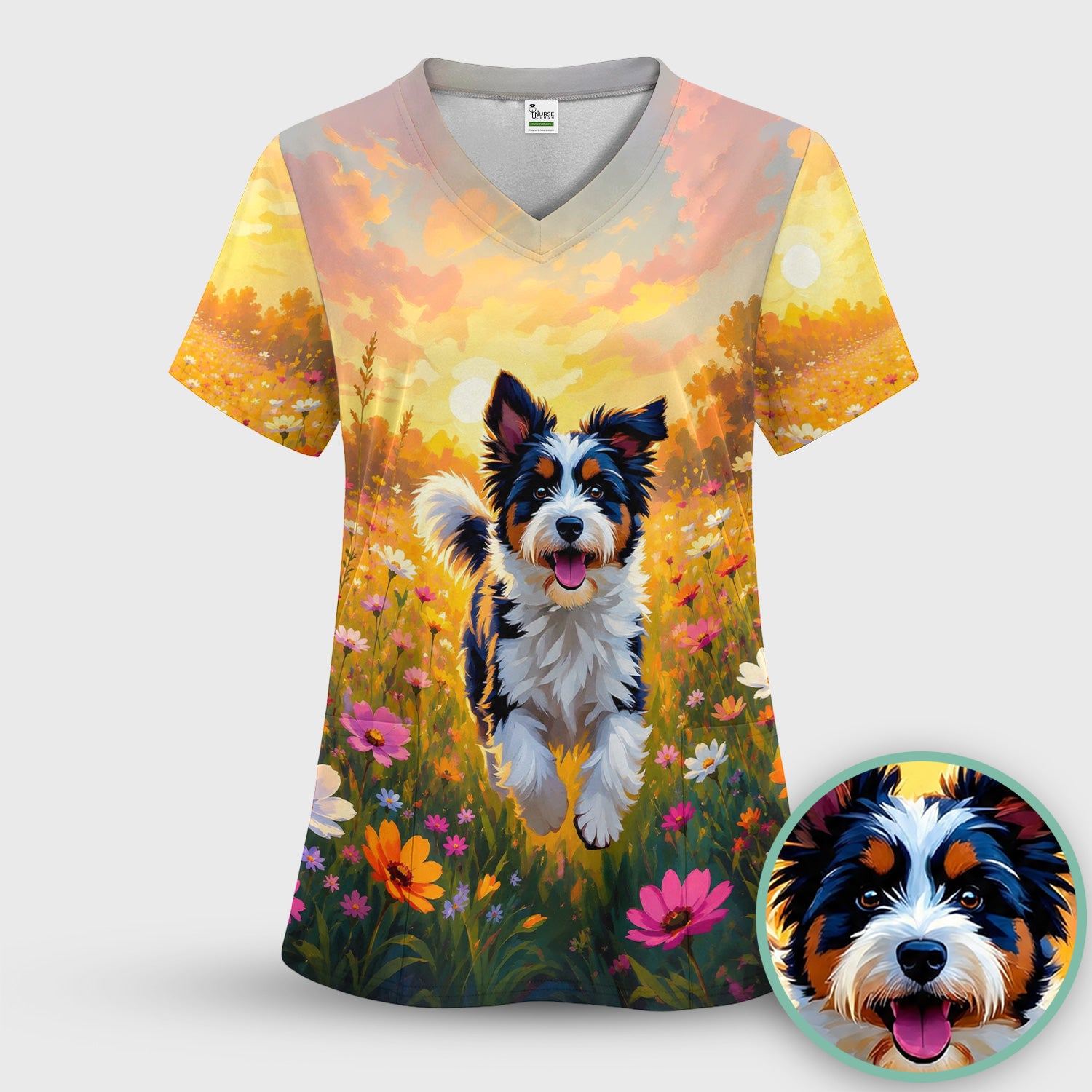 Cute Floral Meadow Dog Print Scrub Top, Comfortable Scrubs for Nurses