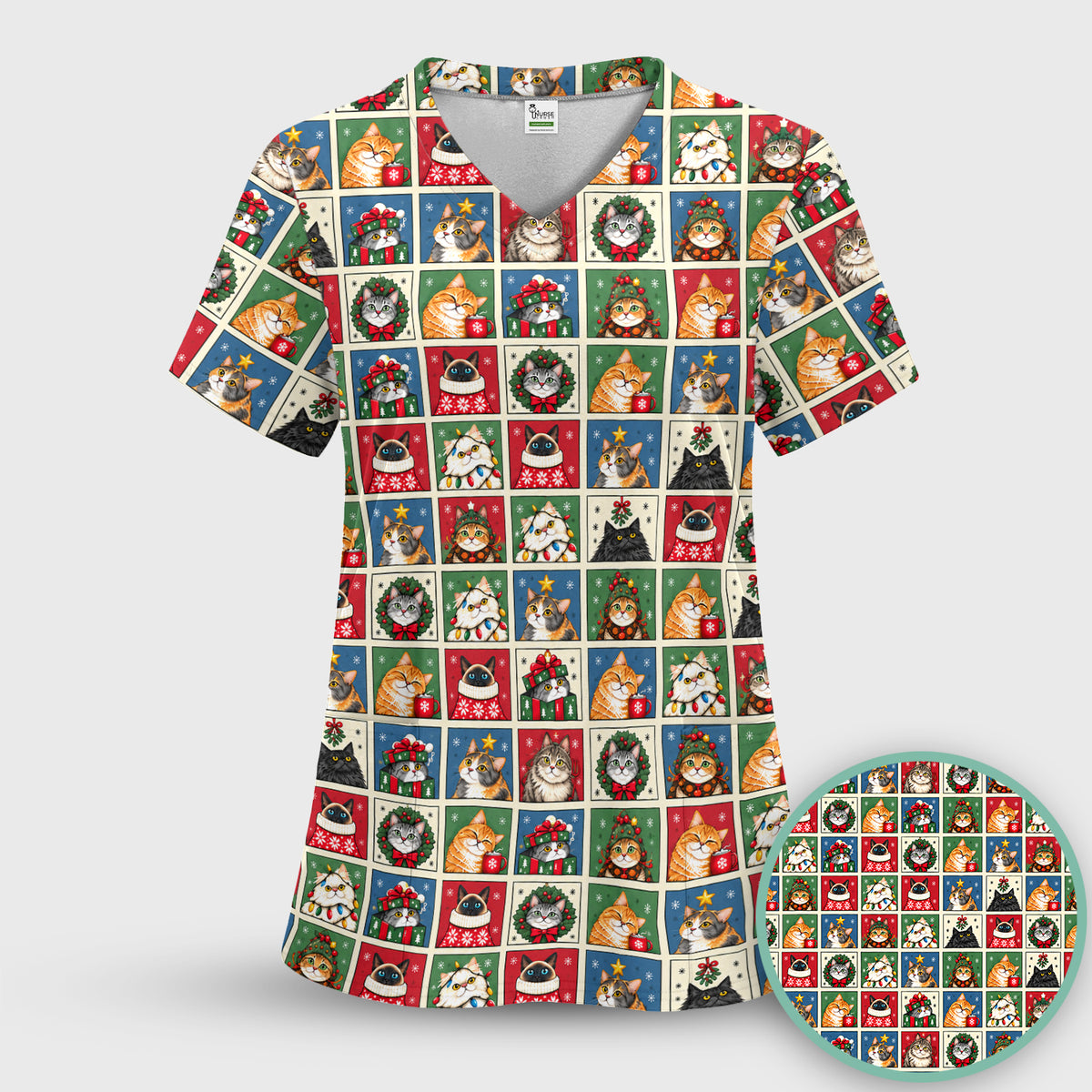 Cute Christmas Cat Patchwork Scrub Top, Comfortable Scrubs for Nurses