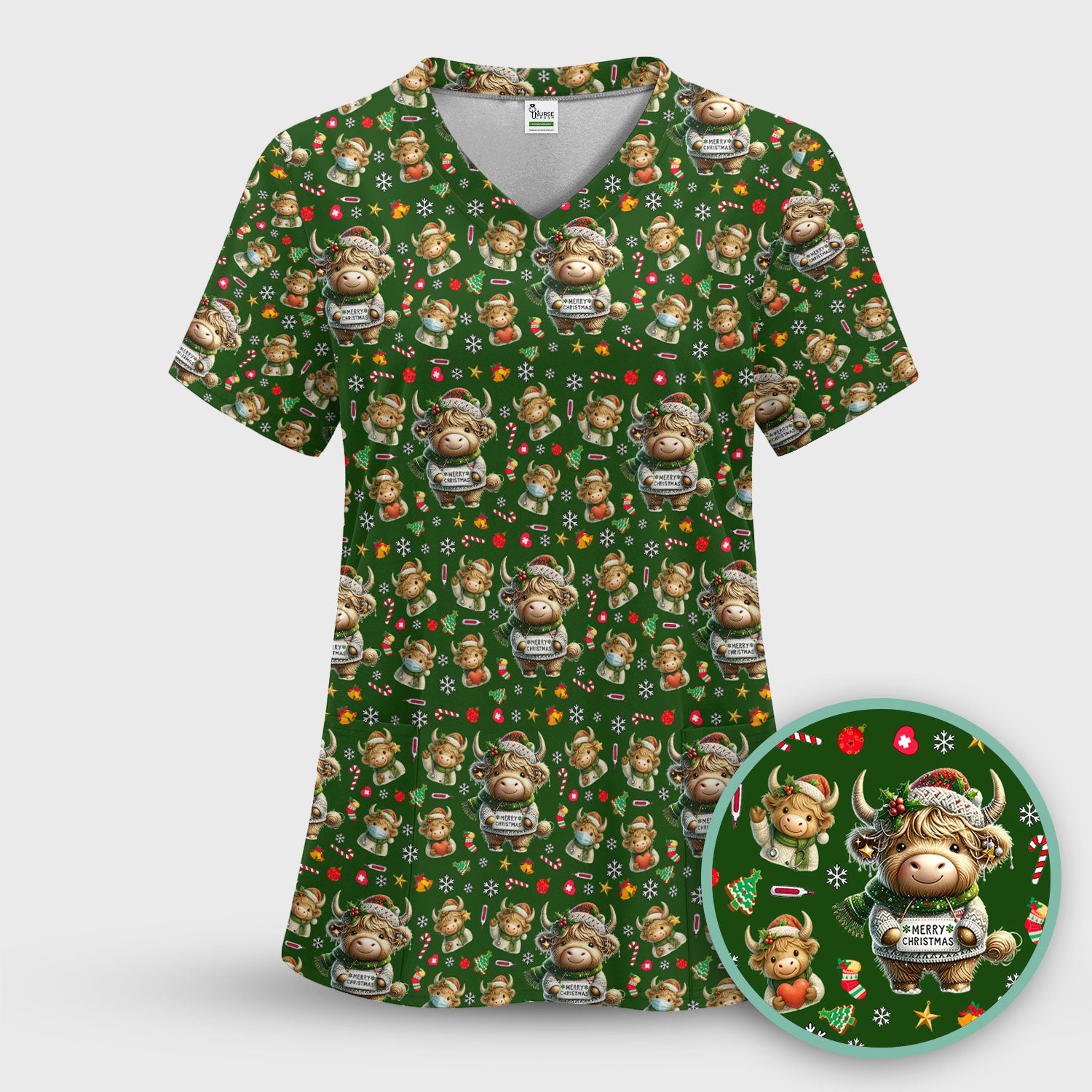 Highland Cow Christmas Scrub Top, Festive Cow Nurse Shirt With Holiday Pattern, Cute Medical Uniform For Women