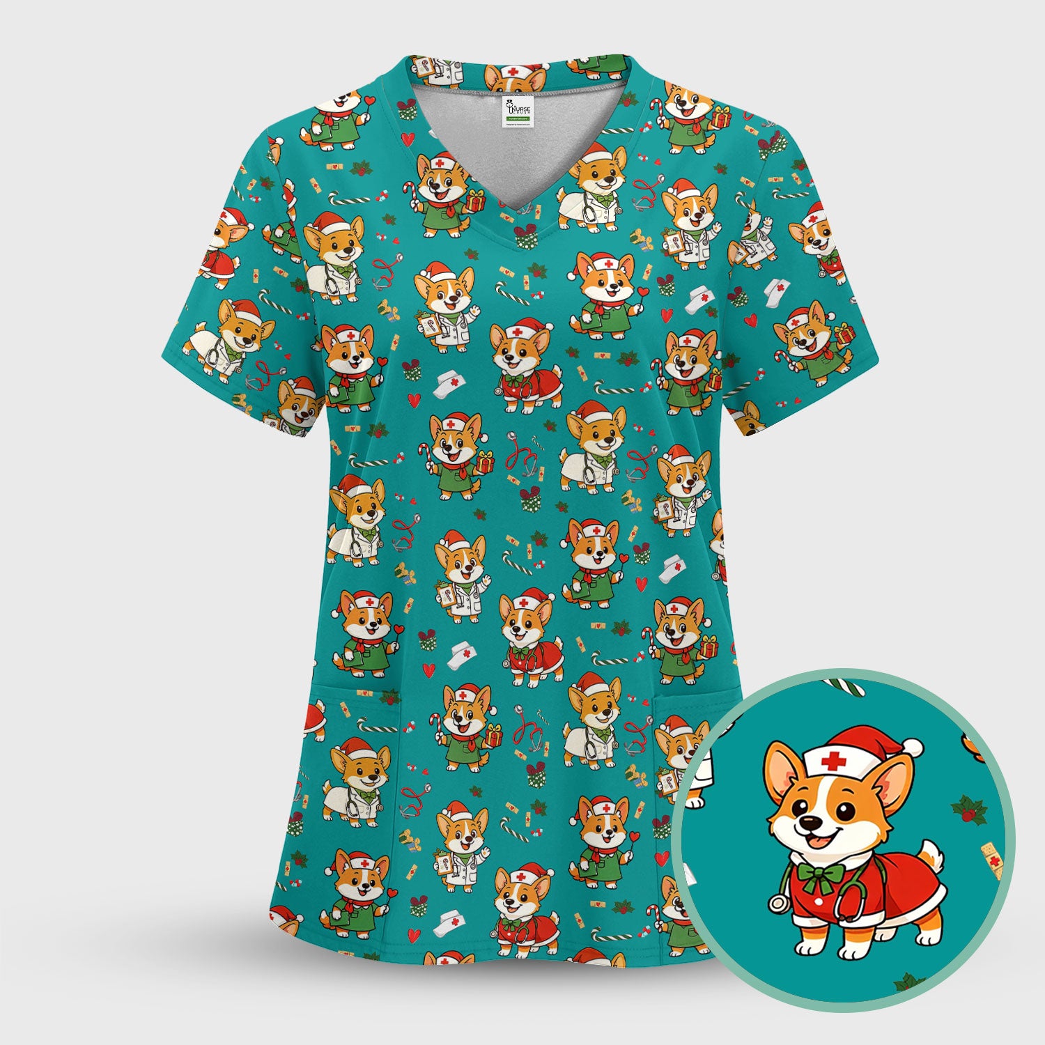 Cute Christmas Corgi Scrub Top - Cute Holiday Dog Nurse Uniform - Funny Medical Top Gift for RN CNA LPN Nursing Students