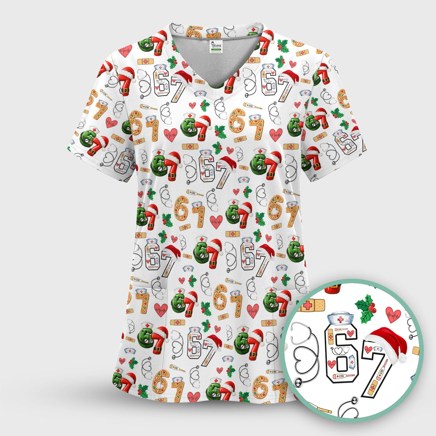 Christmas Nurse 67 Pattern Scrub Top, Cute Holiday Medical Shirt With Santa Hat, Uniform For Nursing