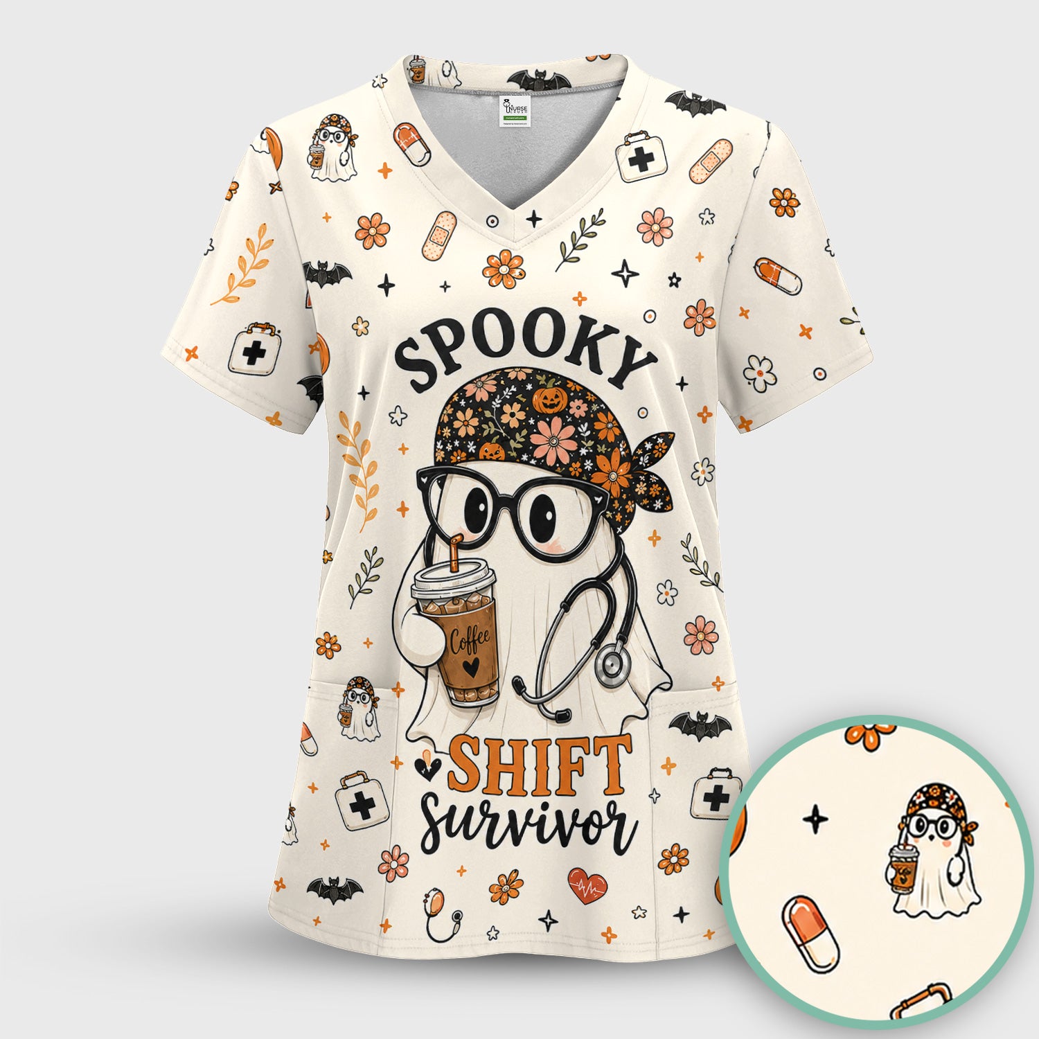 Halloween Shift Survivor Ghost Scrub Top, Comfortable Scrubs for Nurses