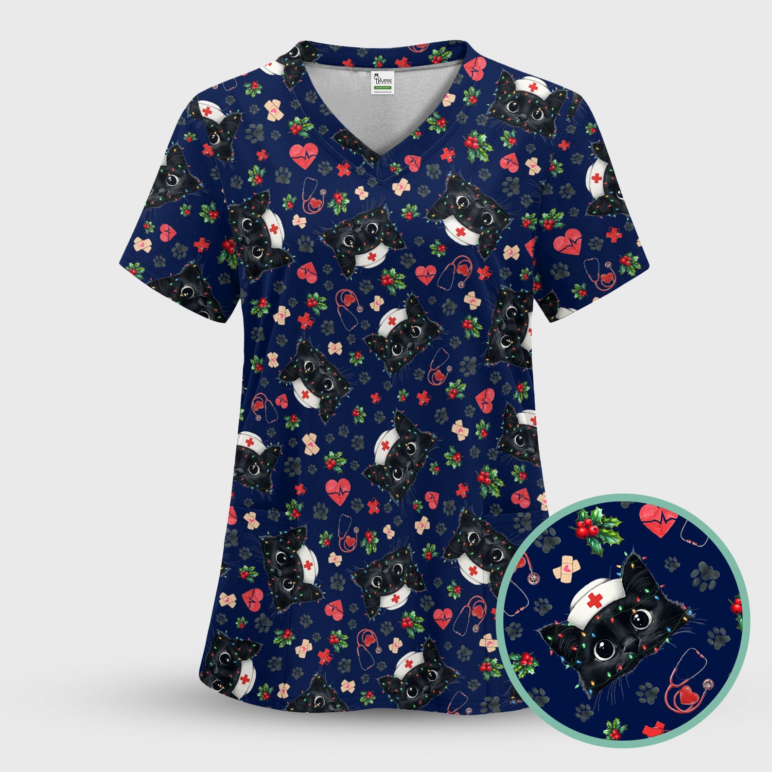 Funny Cats Scrub Top for Nurses - Black Kittens Christmas Medical Uniform - Jolly Holiday Gift for RN CNA LPN