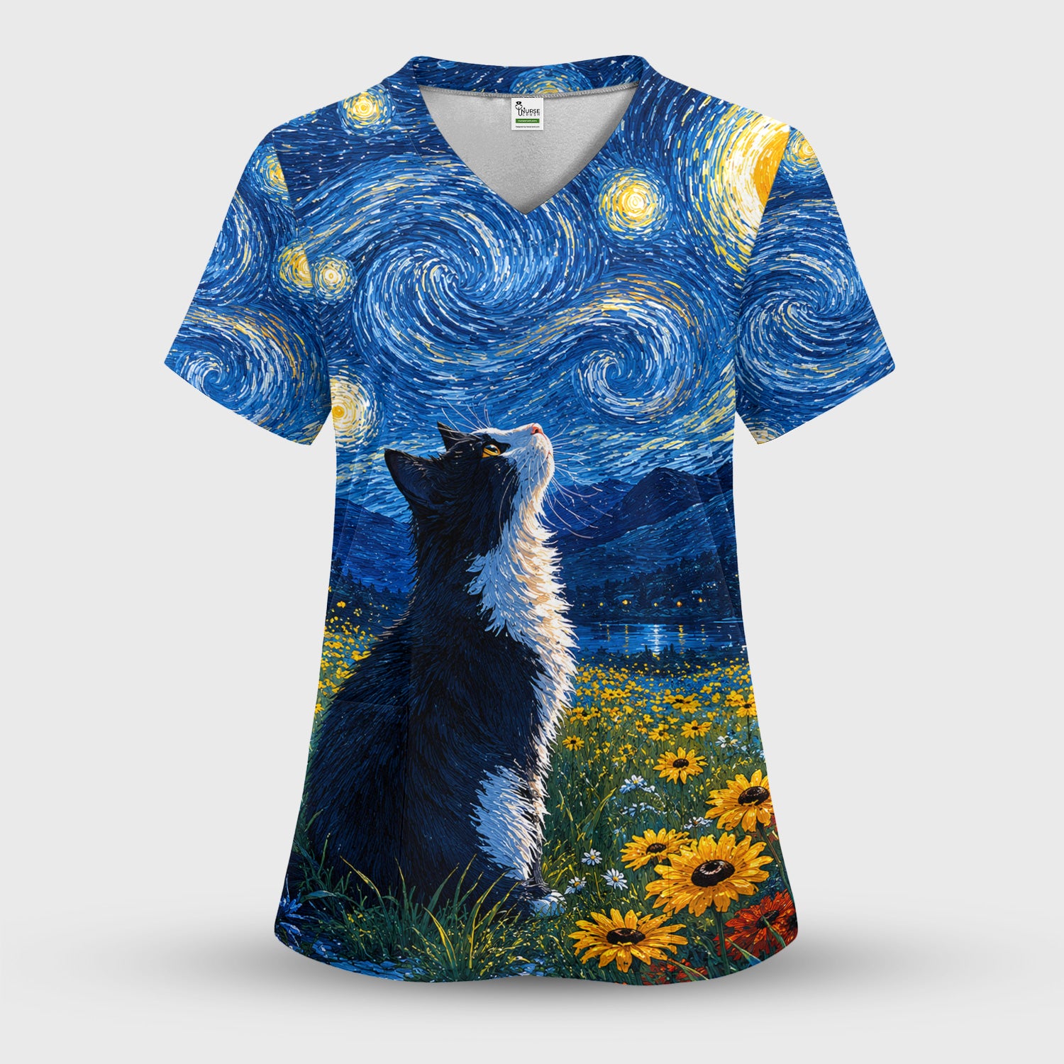 Starry Cat Night Veterinary Nurse Pattern Scrub Set, Scrub Pants and V Neck Top