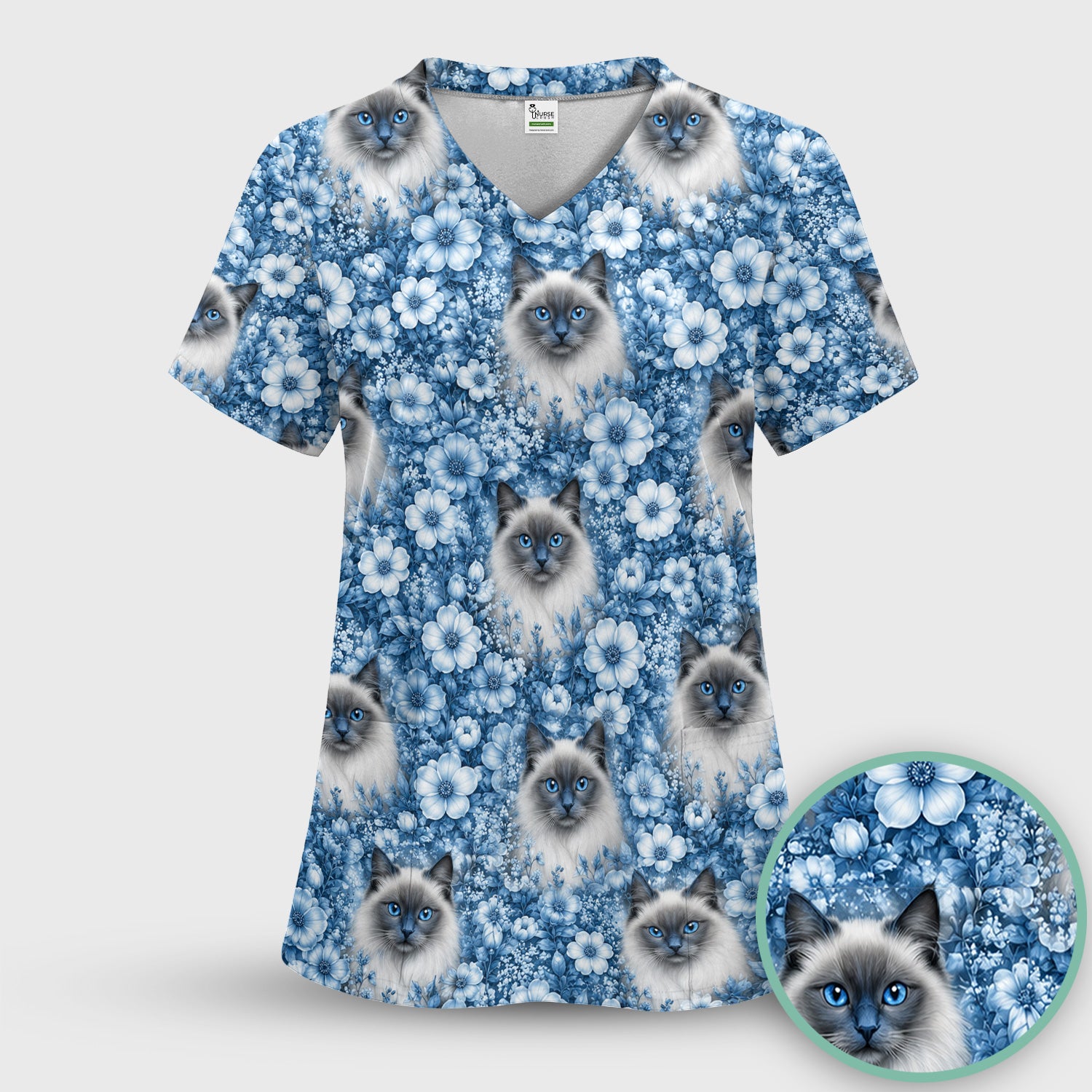 Blue Floral Ragdoll Cat Pattern Scrub Top, Comfortable Scrubs for Nurses
