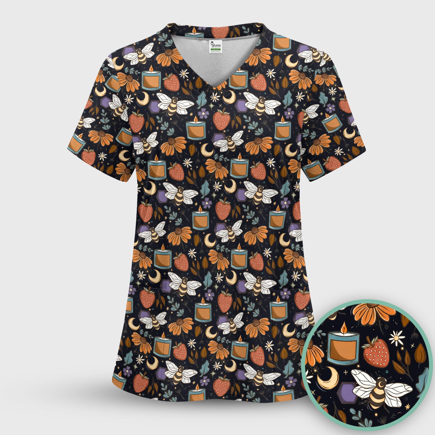 Bee Strawberry Floral Candle Pattern Scrub Set, Scrub Pants and V Neck Top