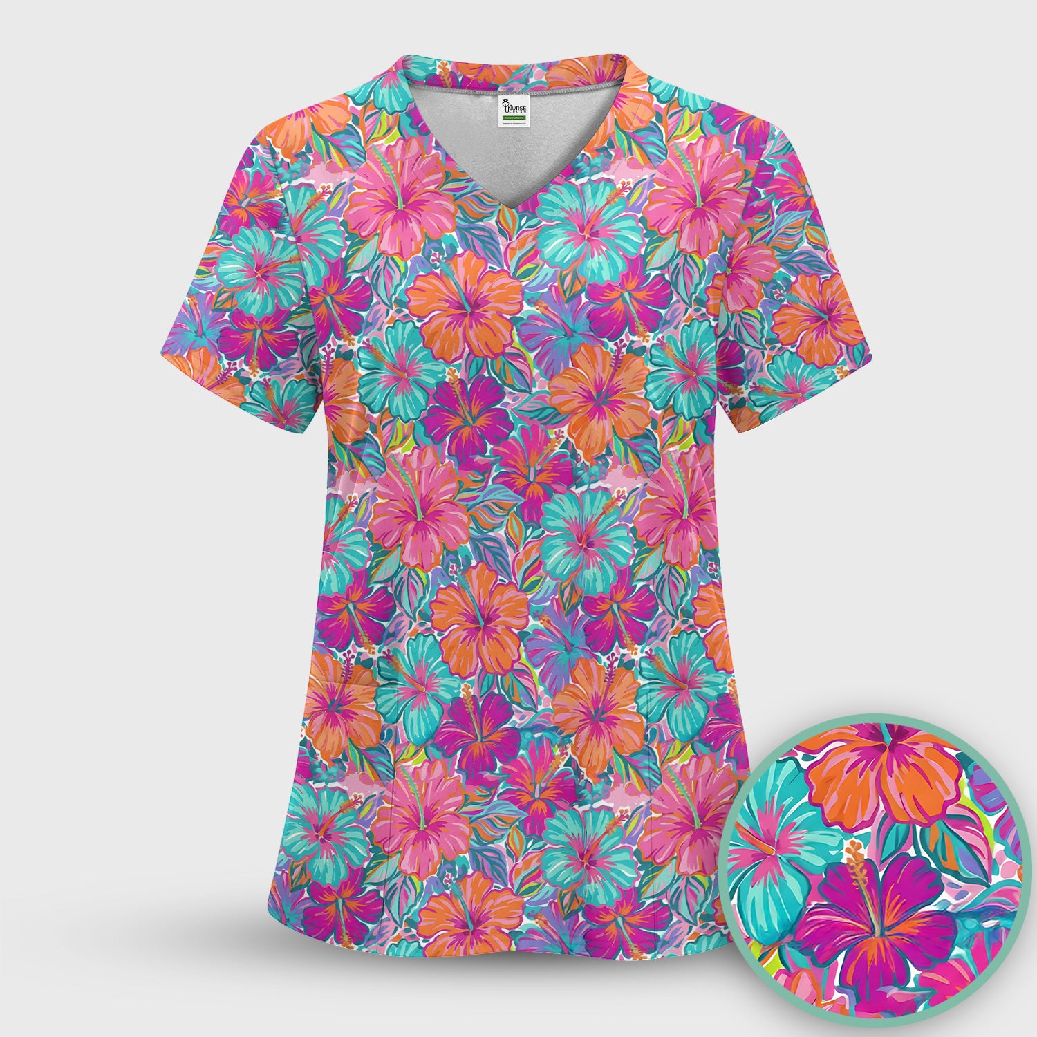 Vibrant Hibiscus Tropical Floral Pattern Scrub Top, Comfortable Scrubs for Nurses