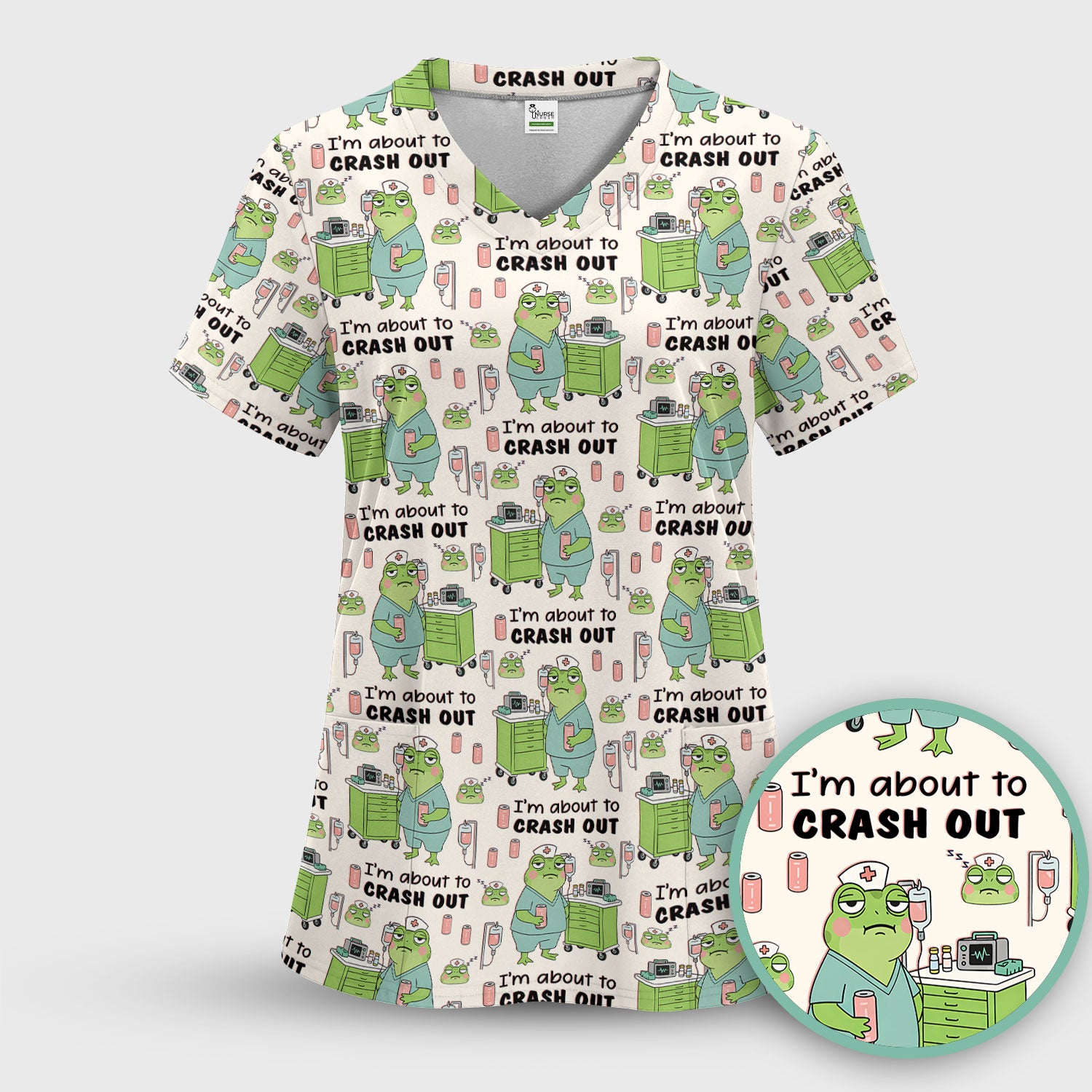 Funny Frog Pattern Nurse Scrub Top, I’m About to Crash Out Nurse Shirt, Breathable Fabrics Nursing Uniform