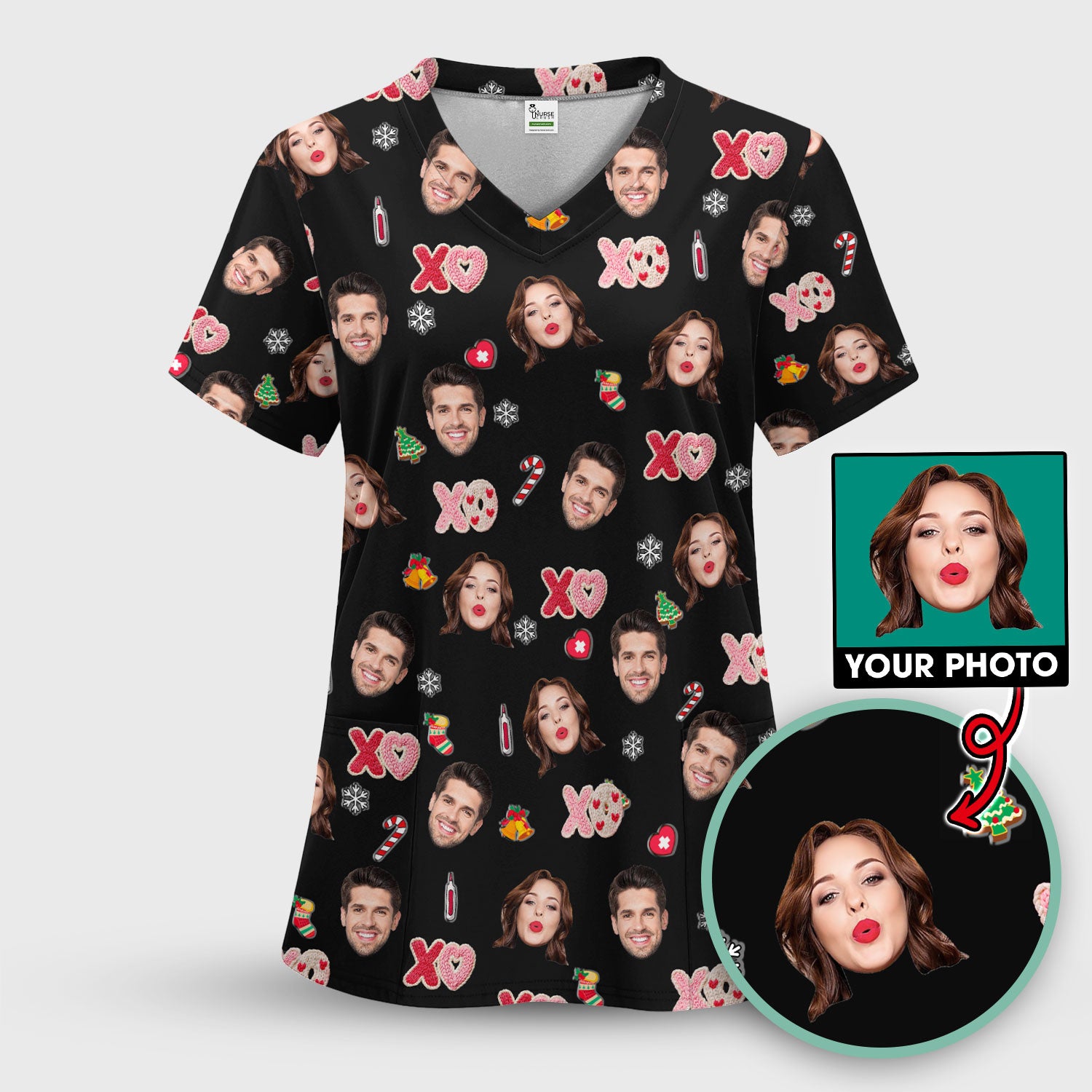 Personalized Photo Scrub Top, Custom Face XOXO Scrub Shirt, Breathable Fabrics Nursing Uniform