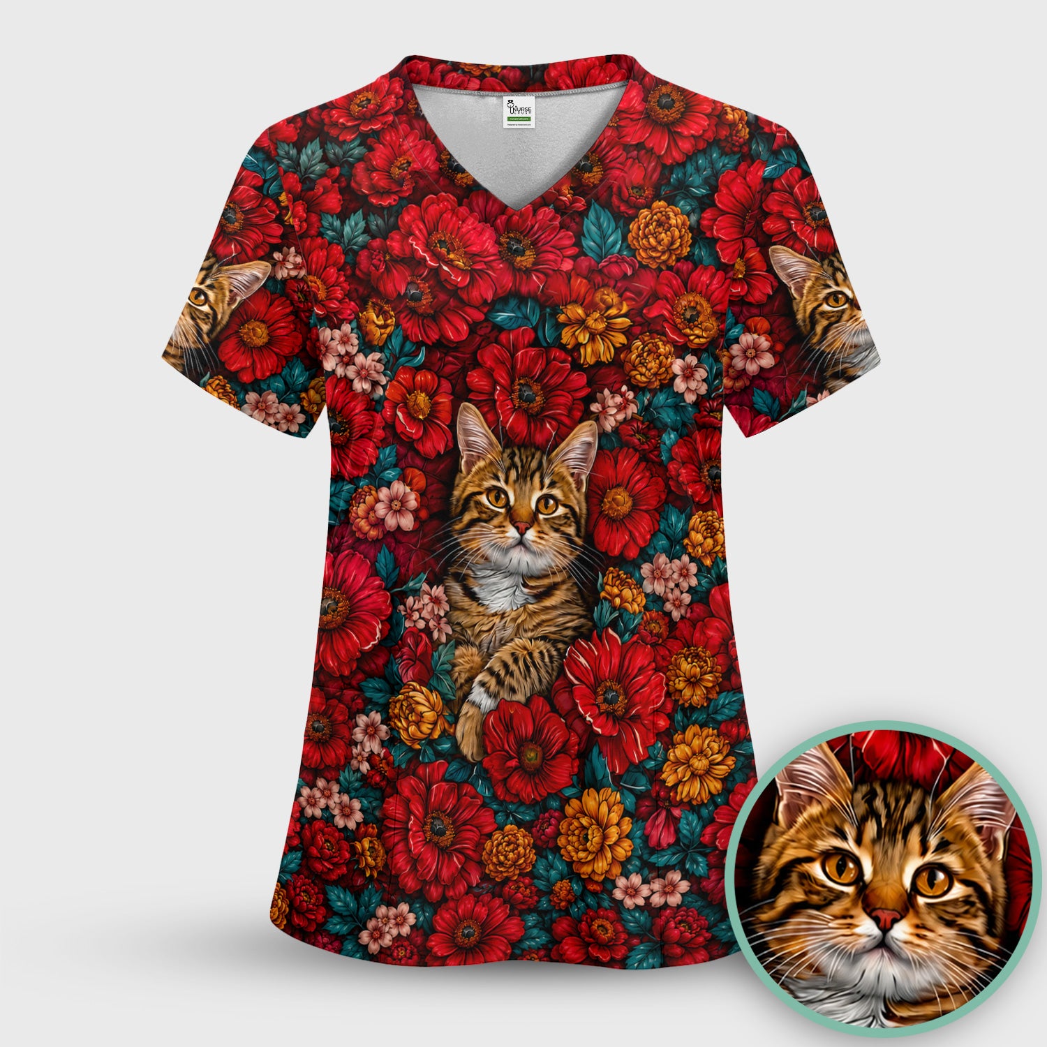 Adorable Tabby Cat Floral Garden Pattern Scrub Top, Comfortable Scrubs for Nurses