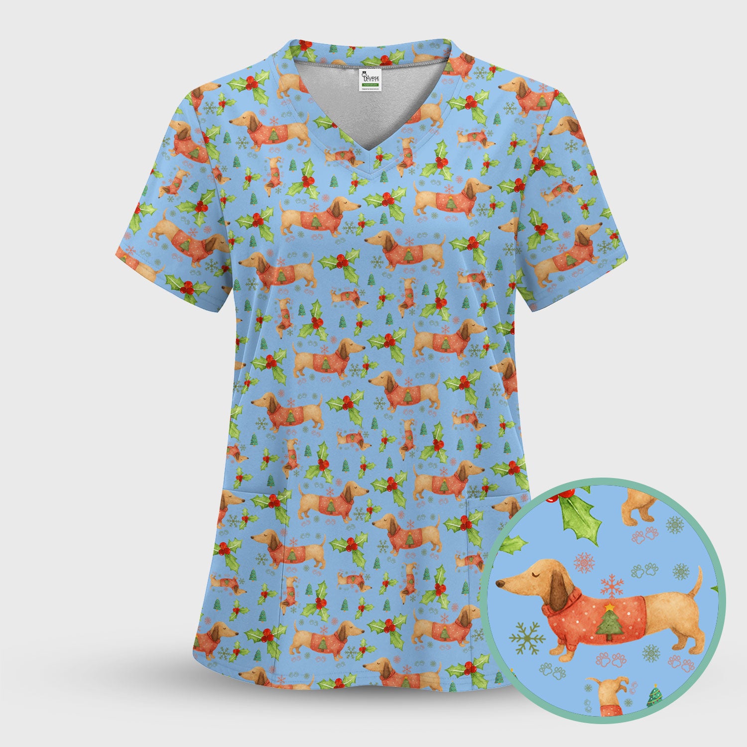 Cute Dachshund Christmas Scrub - Funny Sausage Dog Wiener Puppy Holiday Nurse Shirt - Xmas Medical Uniform Gift for RN CNA LPN