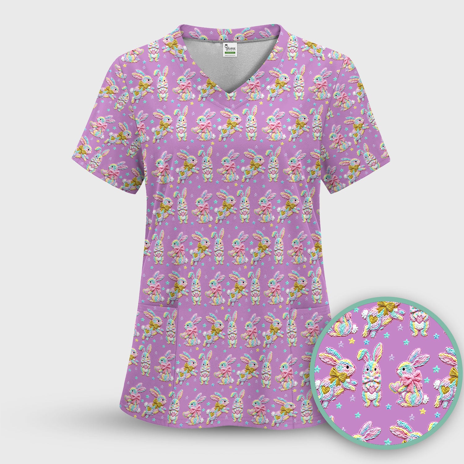 Cartoon Bunny All Over Print Scrub Top, Comfortable Scrubs for Nurses, Easter