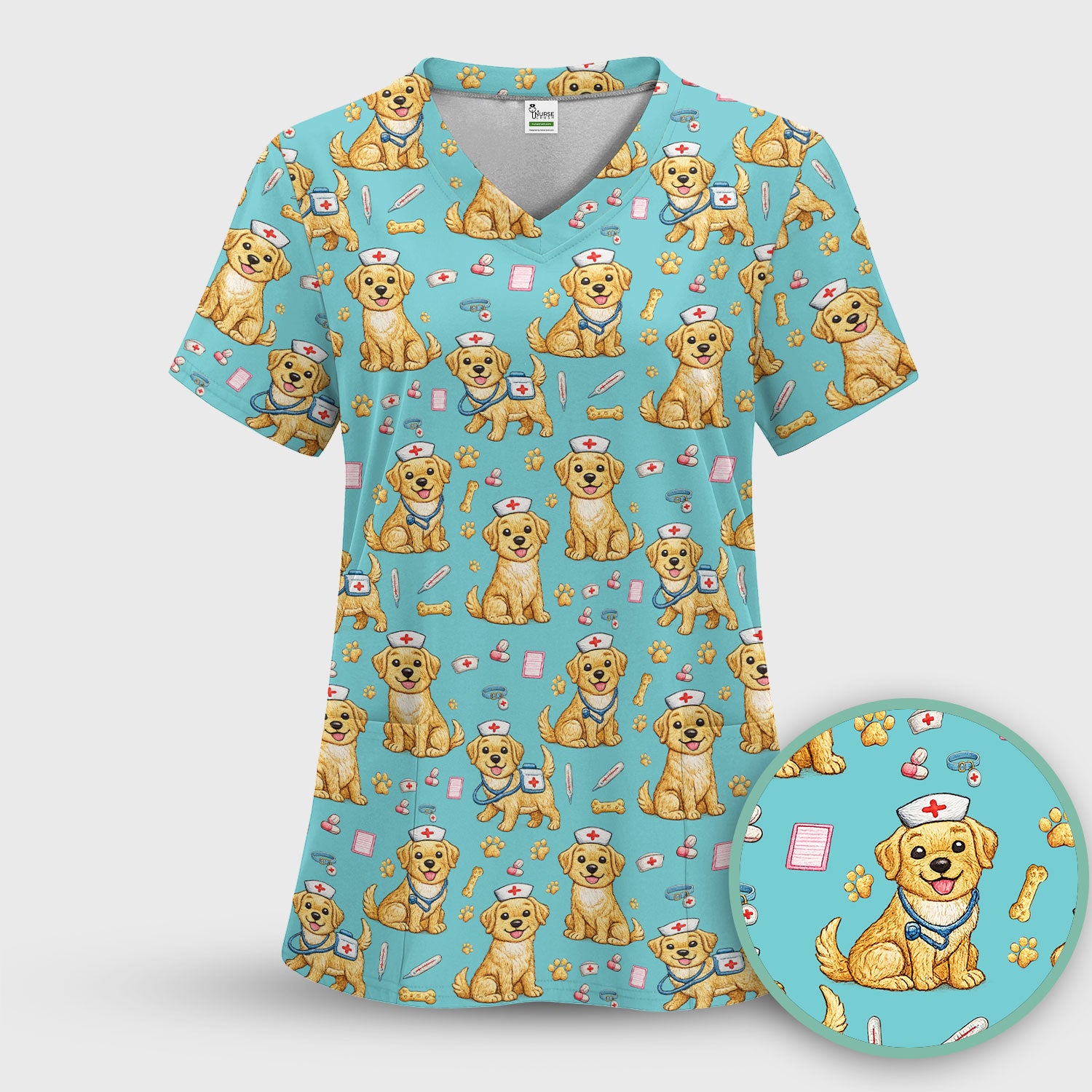 Cute Puppy Nurse Medical Print Scrub Top, Comfortable Scrubs for Nurses