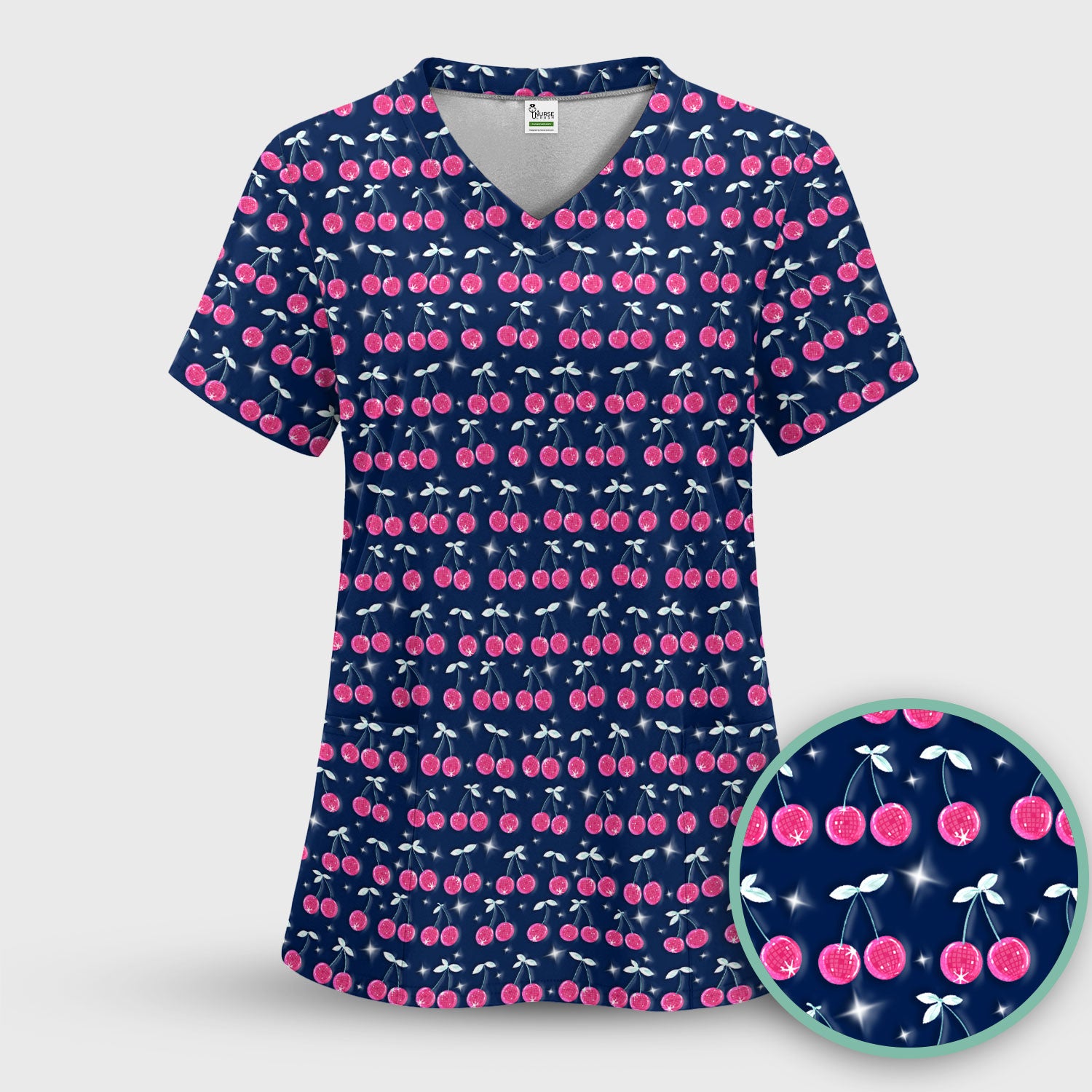 Pink Cherry Sparkle Print Scrub Top, Comfortable Scrubs for Nurses