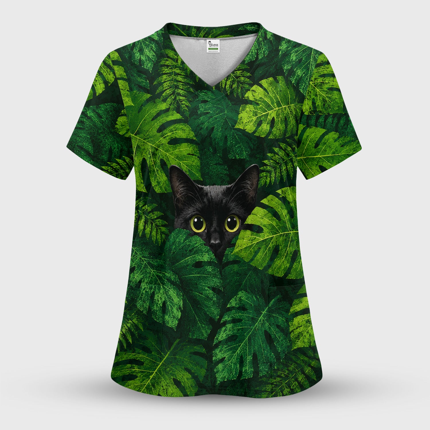 Cute Hidden Black Cat Pattern Scrub Top, Comfortable Scrubs for Nurses