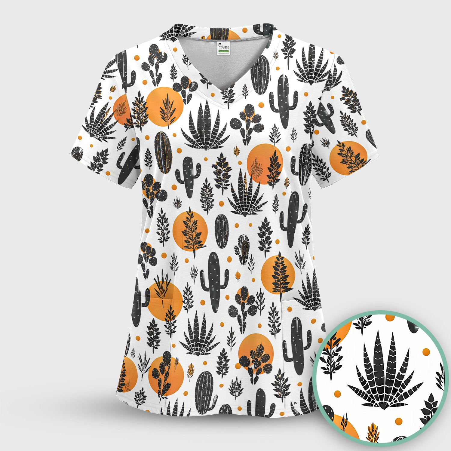Desert Cactus Orange Sun Pattern Scrub Top, Comfortable Scrubs for Nurses