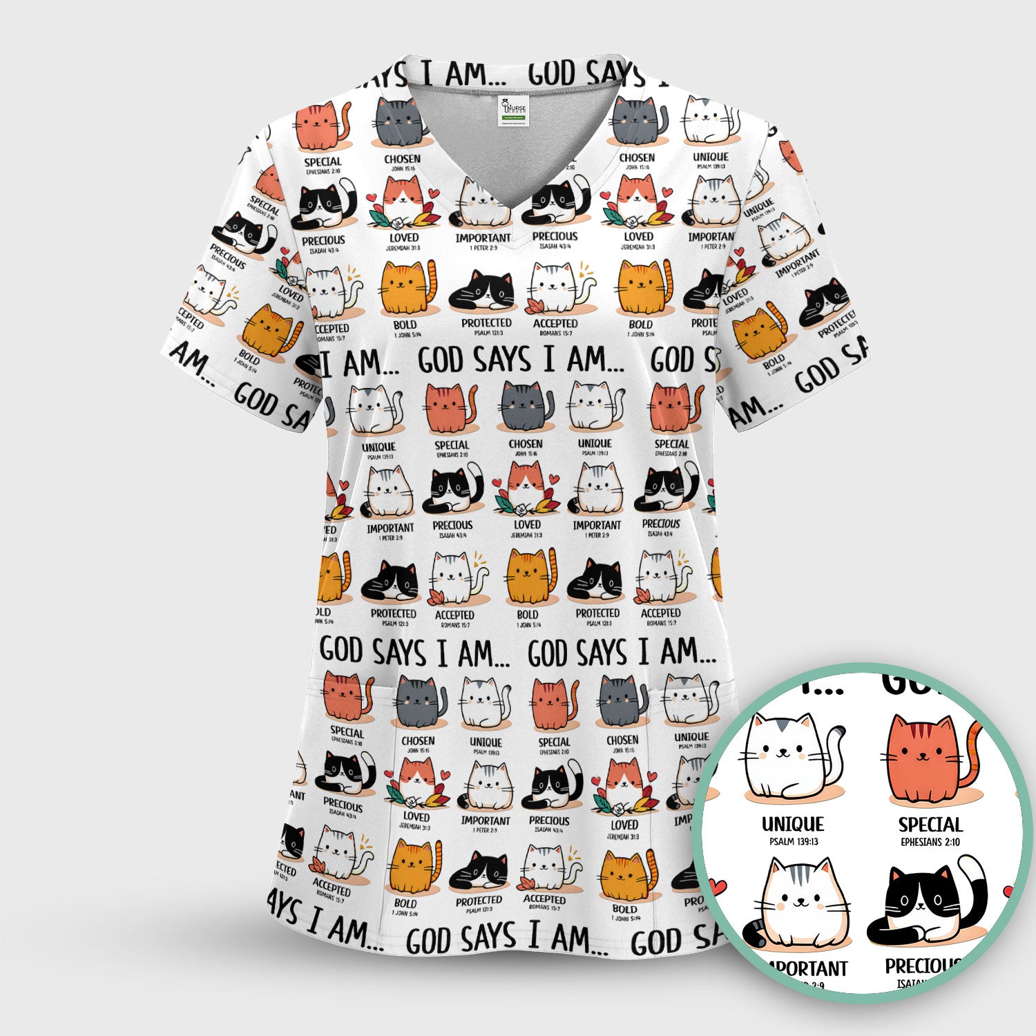Cute Christian Cat God Says I Am Scrub Top, Comfortable Scrubs for Nurses