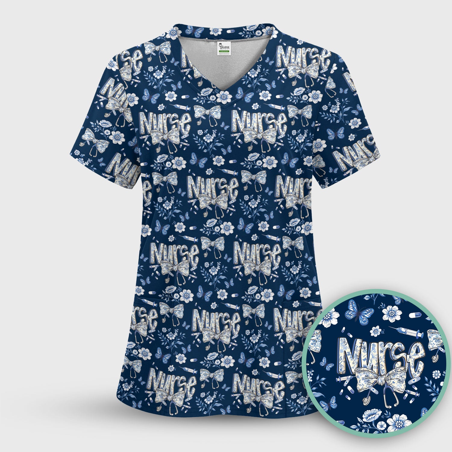 Blue Nurse Letter Bow Butterfly Floral Print Scrub Top, Comfortable Scrubs for Nurses
