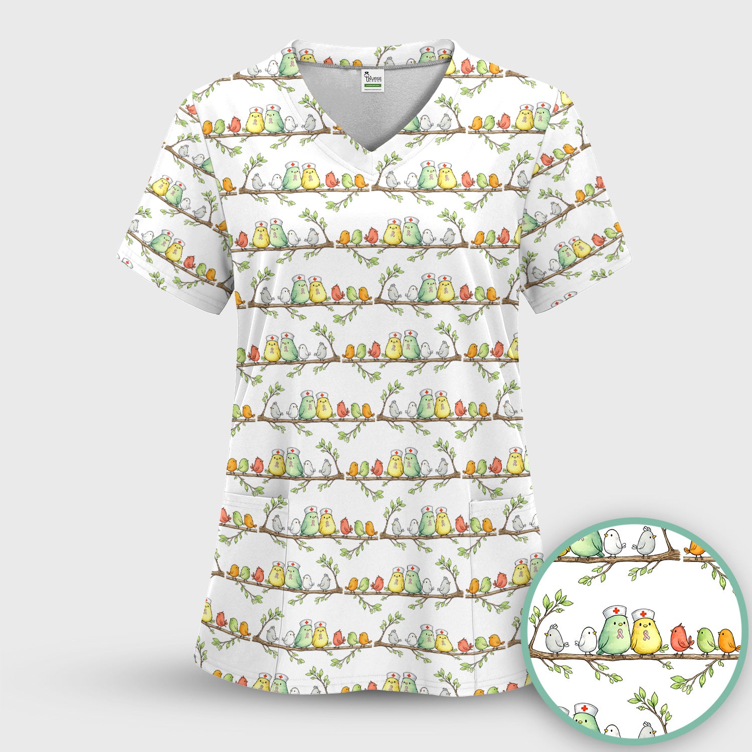 Cute Pink Ribbon Birds Scrub Set, Scrub Pants and V Neck Top