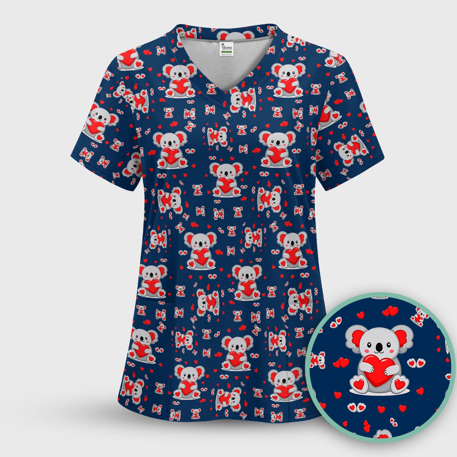 Valentine Cute Koala Heart Pattern Nurse Shirt, Comfortable Scrubs for Nurses