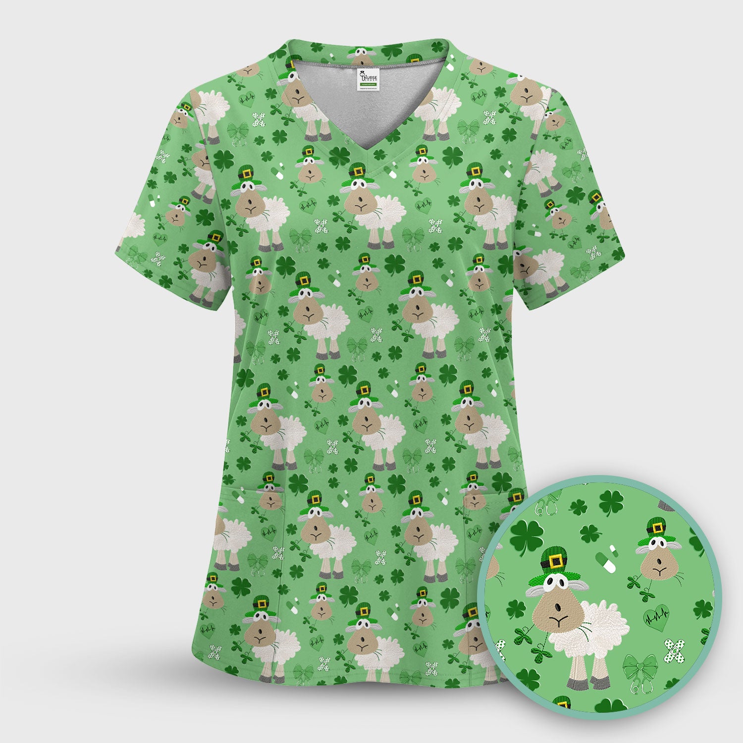 Nurse St. Patrick Scrubs Top, Cute Sheep Shamrock Pattern Nurse Shirt, Breathable Fabrics Nursing Uniform