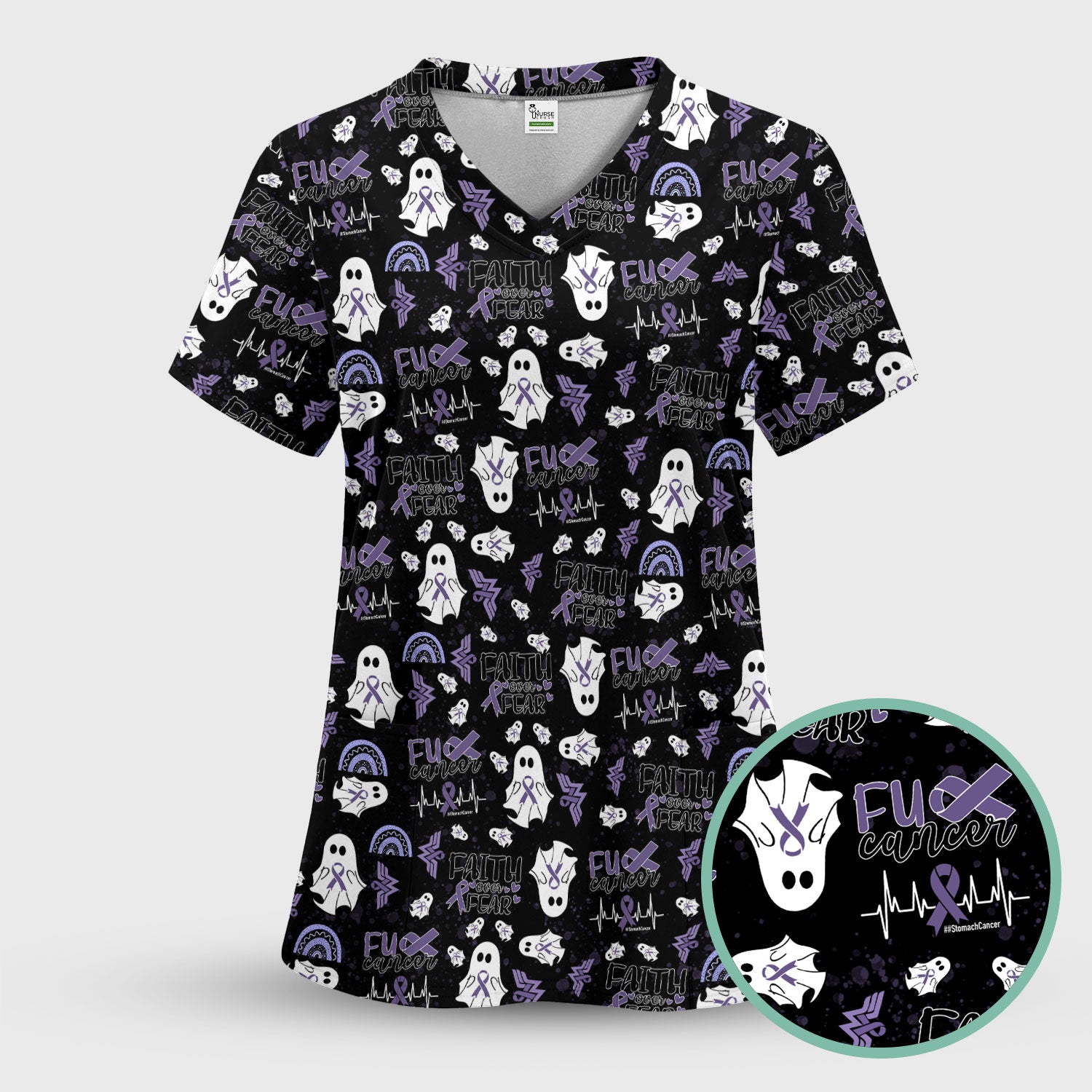 Stomach Cancer Awareness Scrub Top - Periwinkle Blue Ribbon Survivor Shirt - November Warrior Medical Uniform Gift for Women