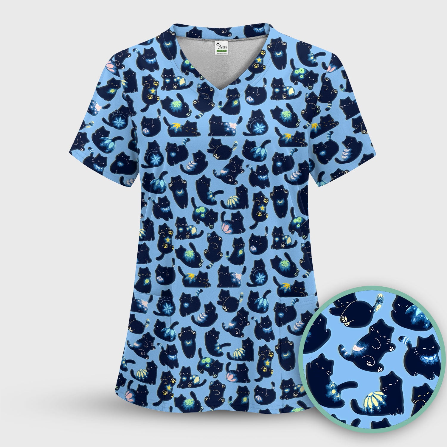 Midnight Cat Scrub Top, Black Cat Pattern Nurse Shirt, Breathable Fabrics Nursing Uniform