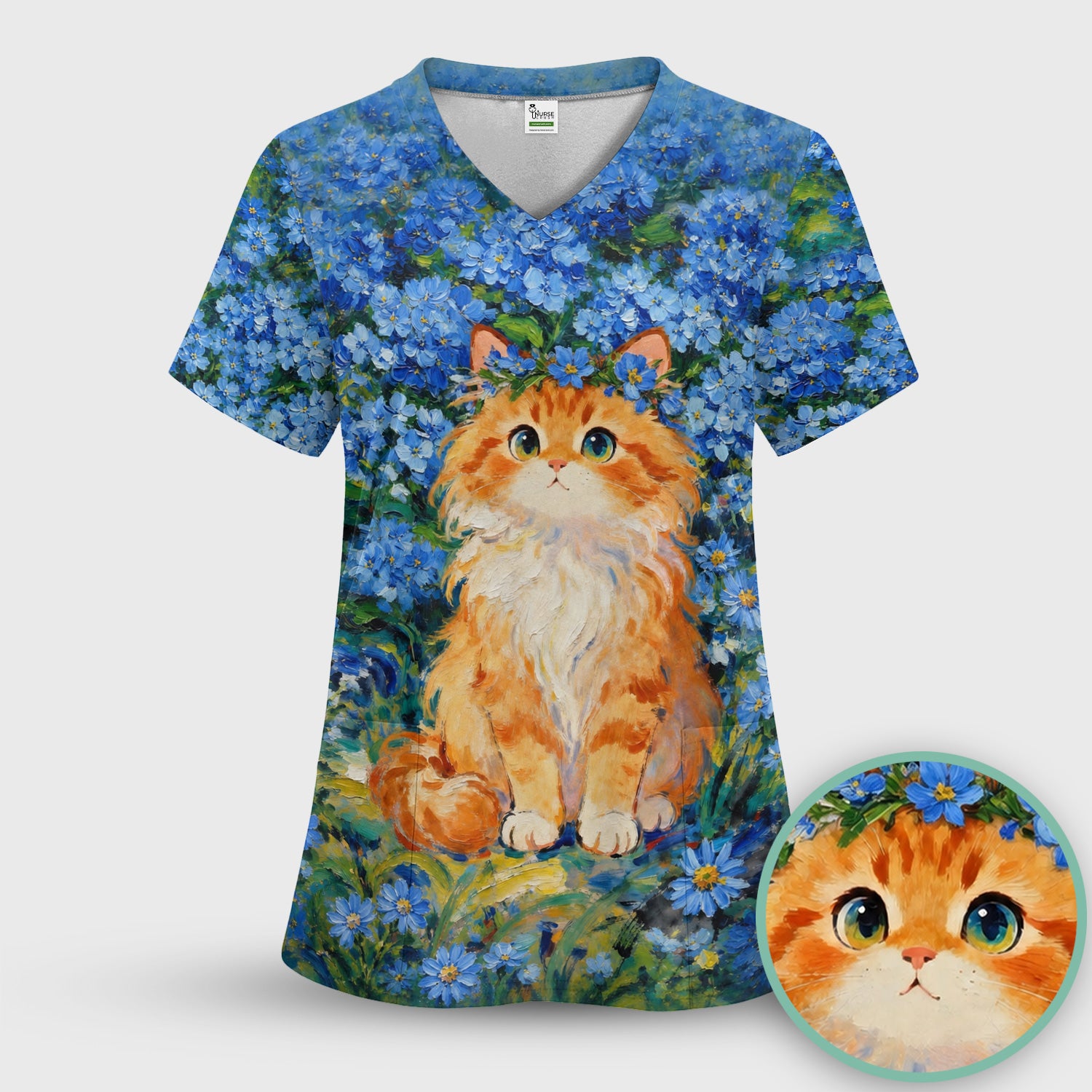 Cute Blue Floral Cat Nurse for Pediatric Nurses, RN, CNA, Pet Lover Medical Scrub Set, Scrub Pants and V Neck Top