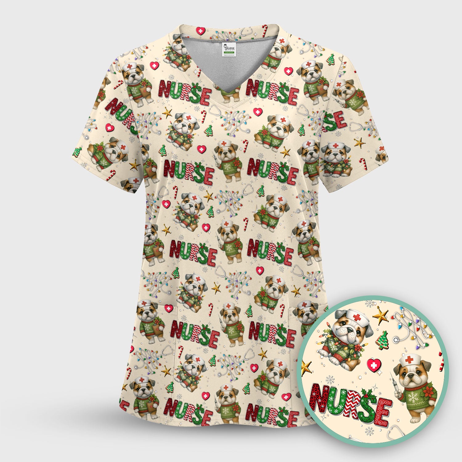 Bulldog Christmas Nurse Scrub Top - Funny Dog Scrub Shirt - Cute Holiday Medical Uniform for Women RN LPN CNA Gift