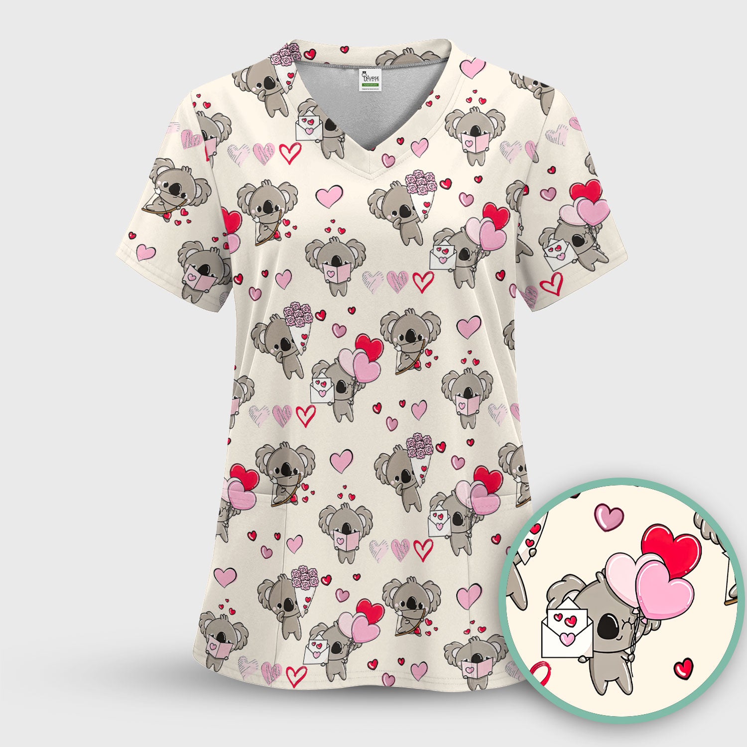 Valentine Koala Holding Flowers Cute Print Scrub Top, Comfortable Scrubs for Nurses