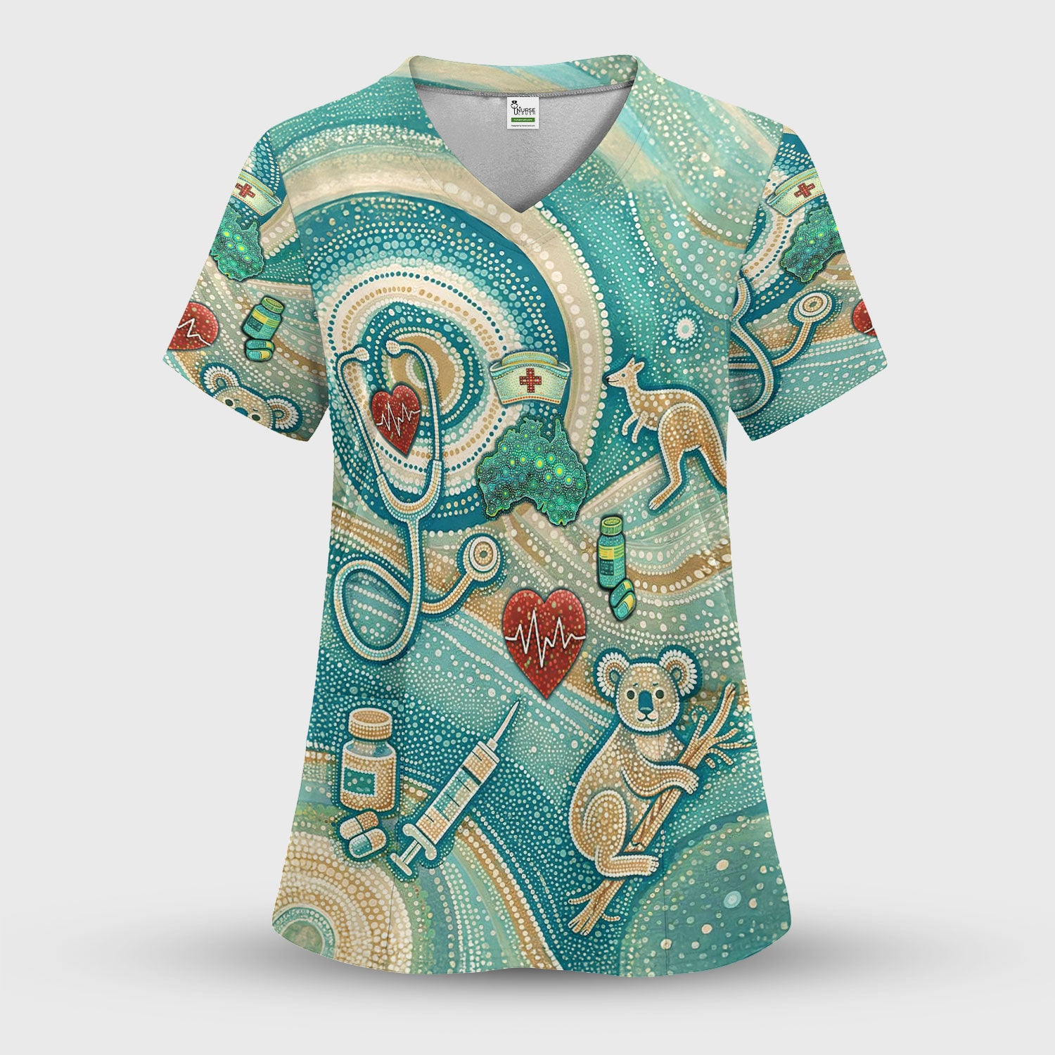 Australian Wildlife Dot Art Inspired - Koala Gangaroo Aussie Medical Scrub Set - Women Uniform