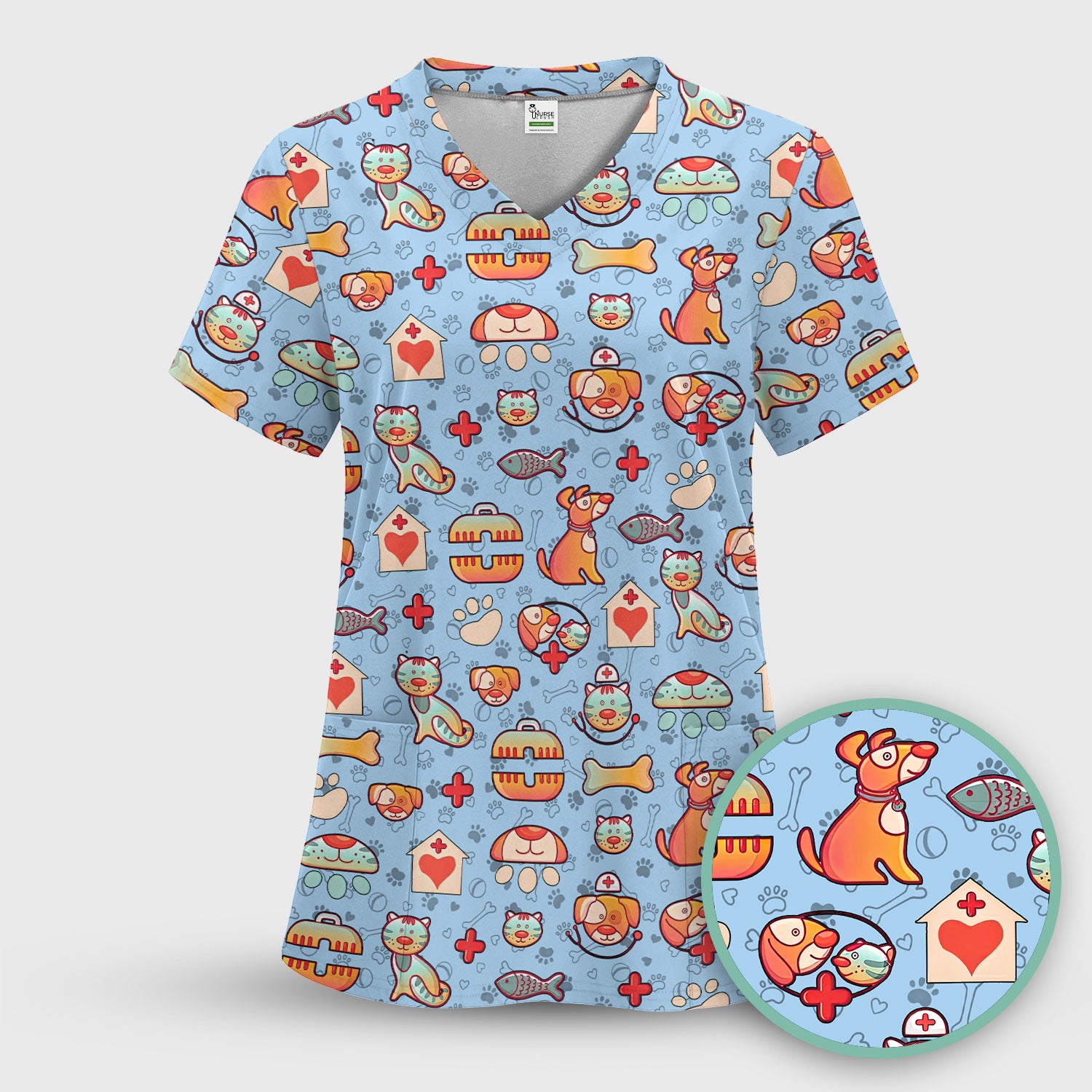 Veterinary Nurse Scrub Top - Cute Cat Dog Paw Print Medical Shirt - Fun Animal Pattern Vet Tech Scrubs for Women RN CNA