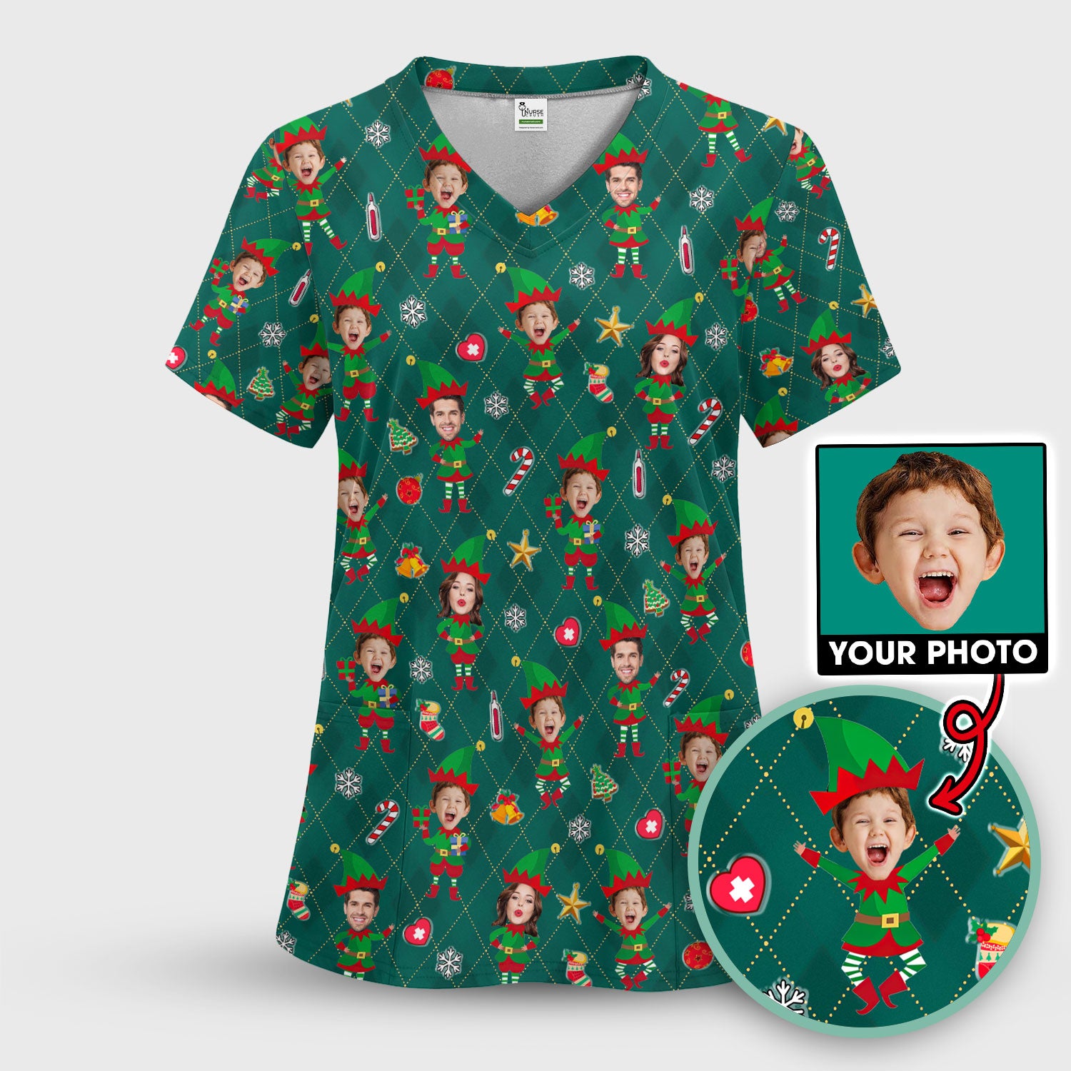 Personalized Face Nurse Shirt, Custom Photo Christmas Scrub Top, Funny Holiday Medical Uniform For Nursing