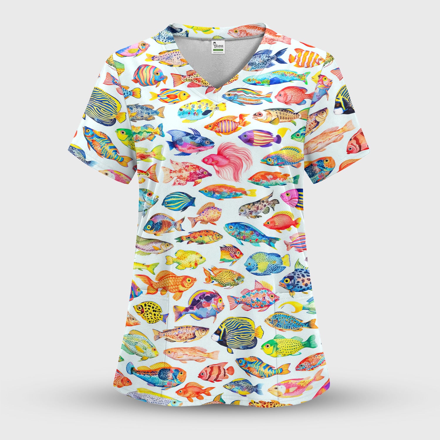 Colorful Tropical Fish Pattern Scrub Top, Breathable Medical Scrubs