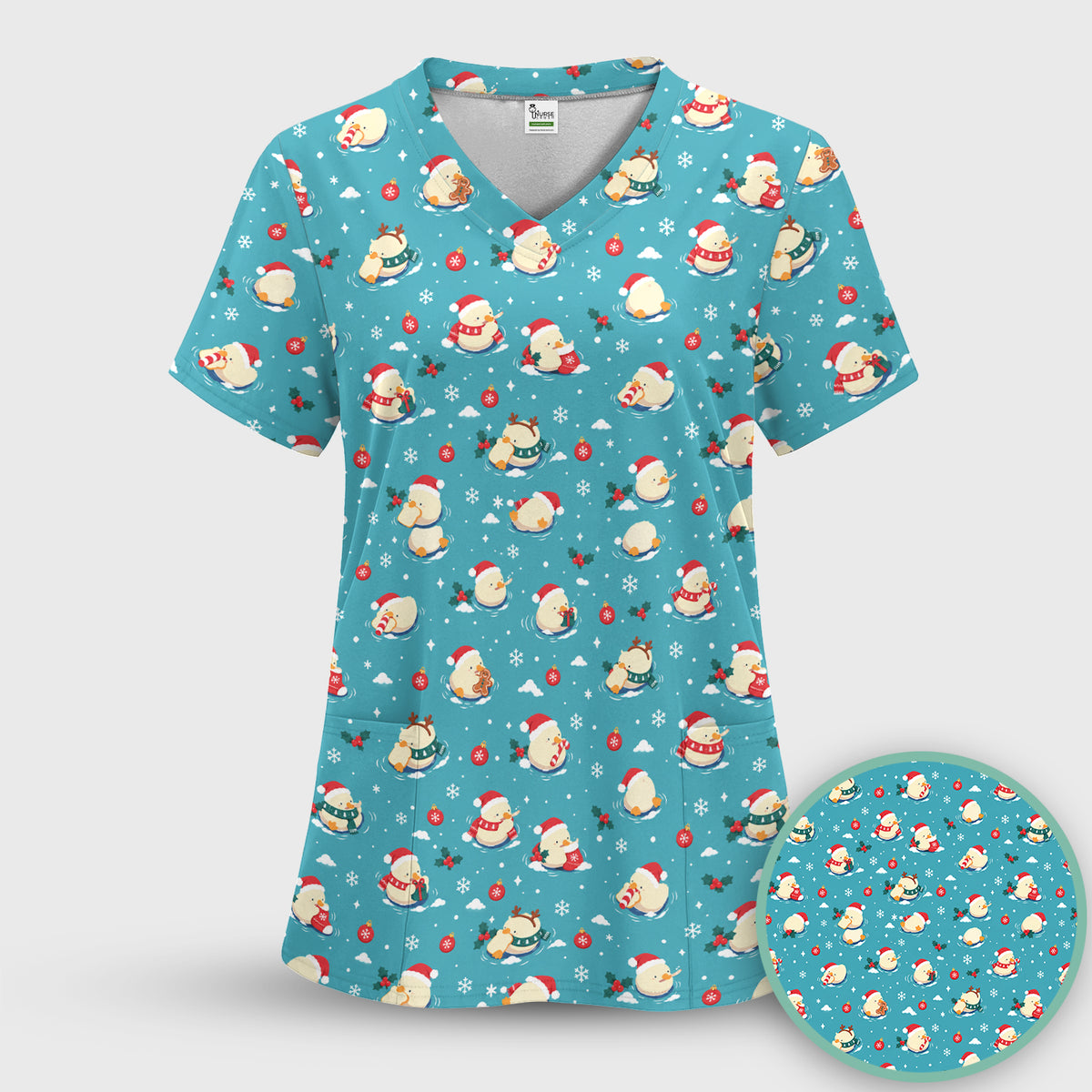 Christmas Ducks In Santa Hats Scrub Top, Comfortable Scrubs for Nurses