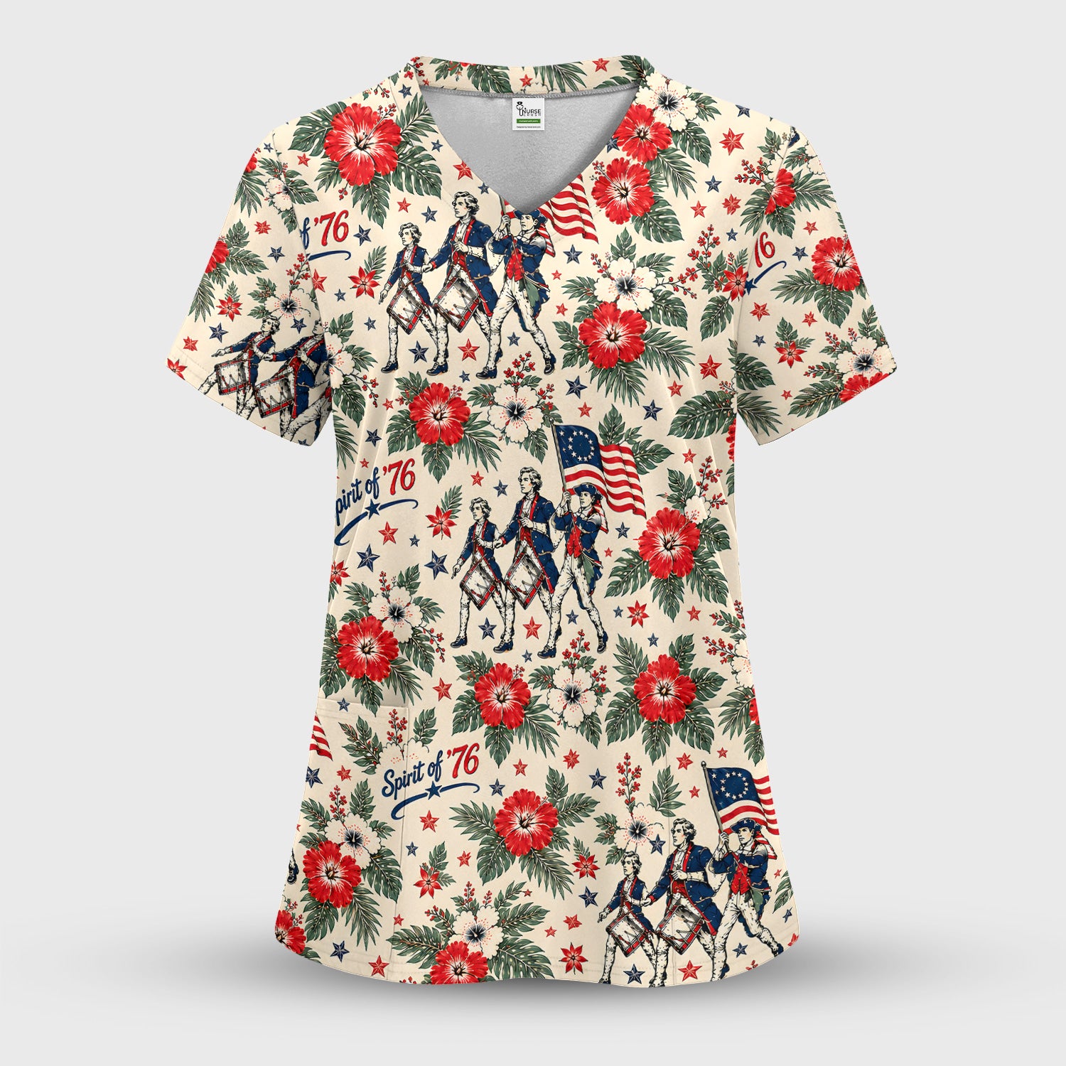 Vintage 1776 Patriot with Floral Flag Scrub Set, Scrub Pants and V Neck Top