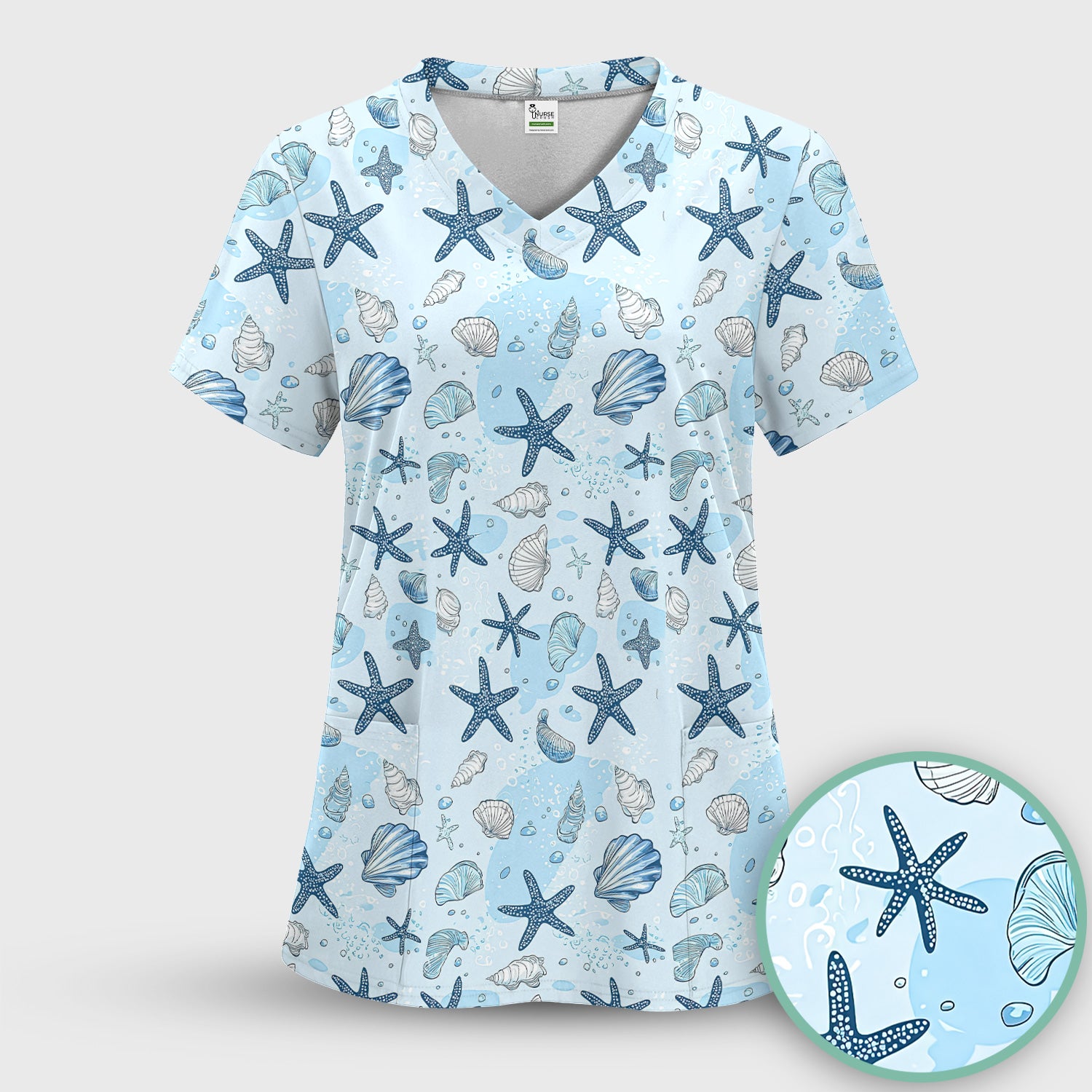 Ocean Shell And Starfish Print Scrub Top, Breathable Fabrics Nursing Uniform