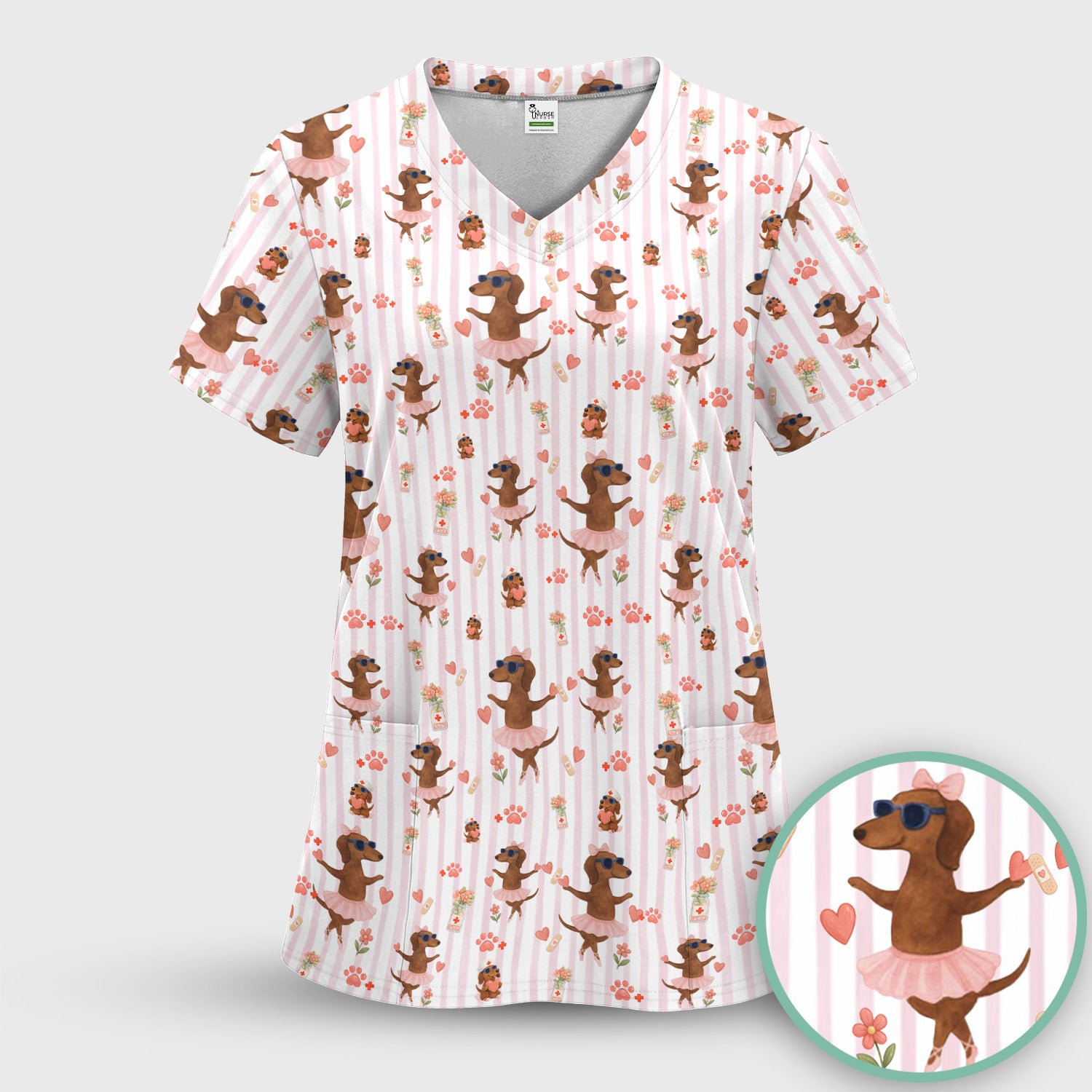 Cute Dachshund Dog Ballet Tutu Hearts Pattern Scrub Set, Scrub Pants and V Neck Top