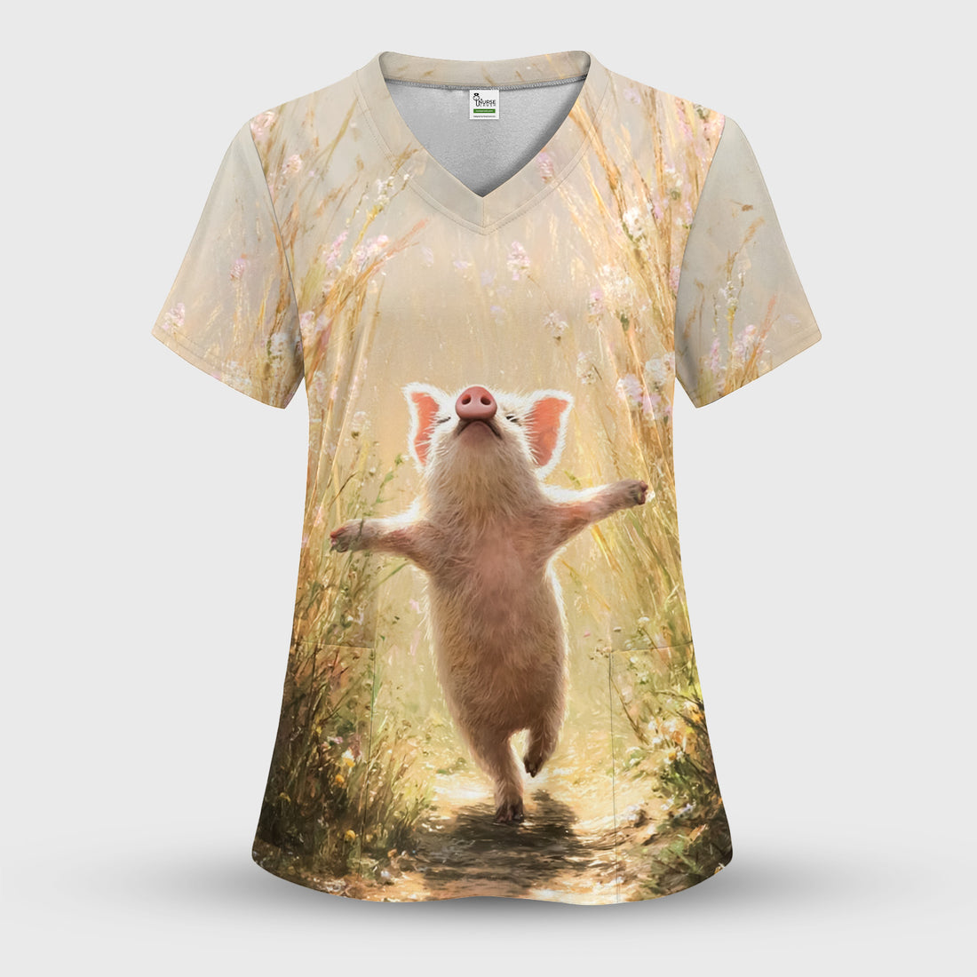 Happy Pig Running Meadow Pattern Nurse Scrub Set, Scrub Pants and V Neck Top