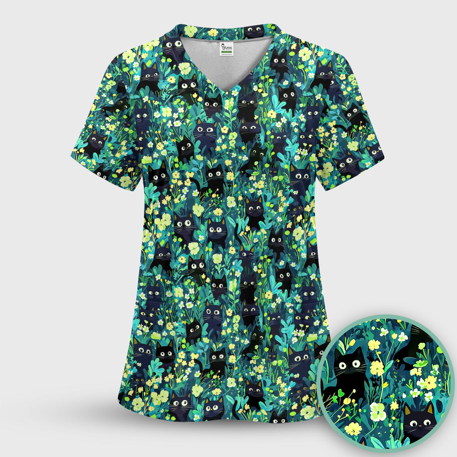 Black Cat Floral Pattern Scrub Top, Comfortable Scrubs for Nurses