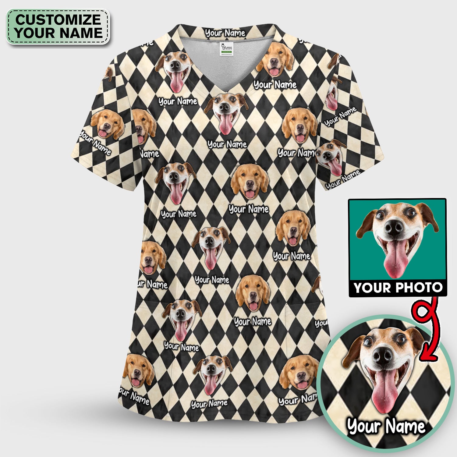 Personalized Pet Portrait Argyle Scrub Set, Scrub Pants and V Neck Top