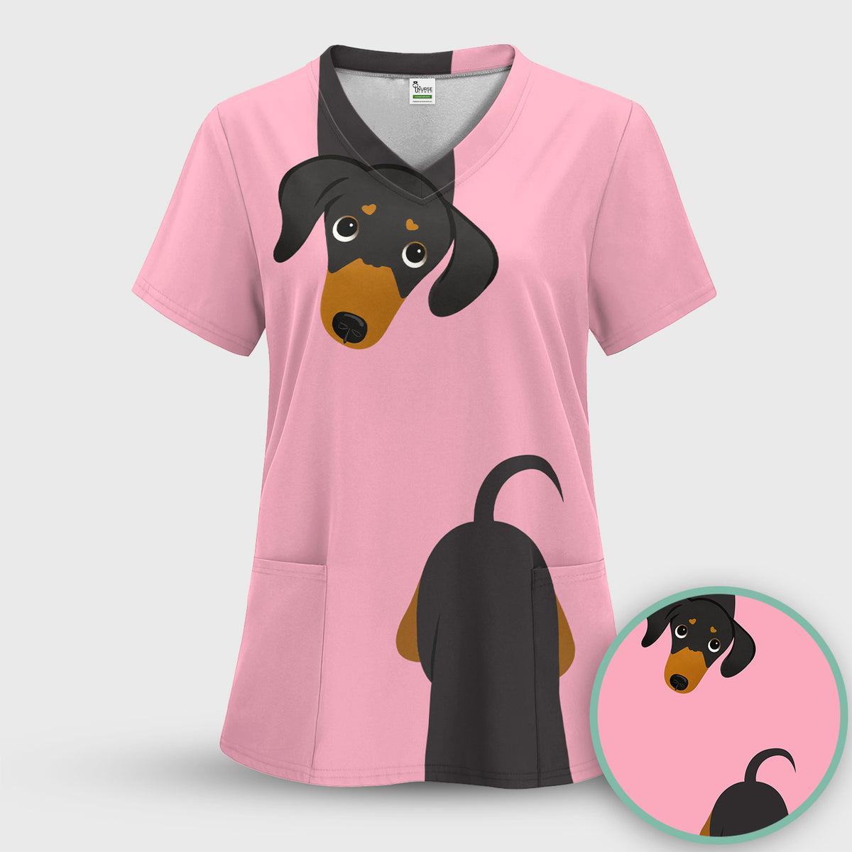 Cute Peekaboo Dachshund Dog Scrub Top, Comfortable Scrubs for Nurses