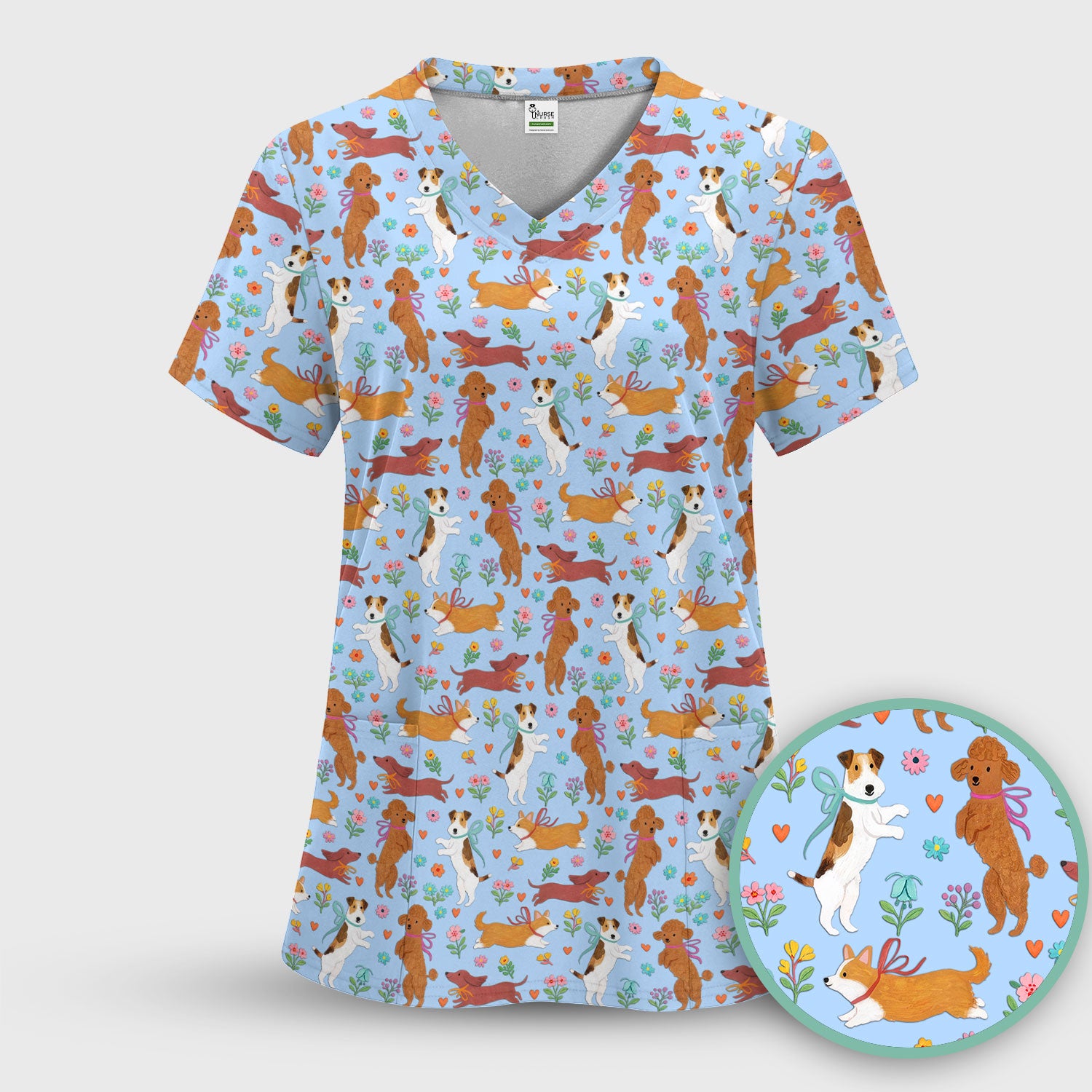Cute Cartoon Dog Print Nurse Scrub Top, Comfortable Scrubs for Nurses